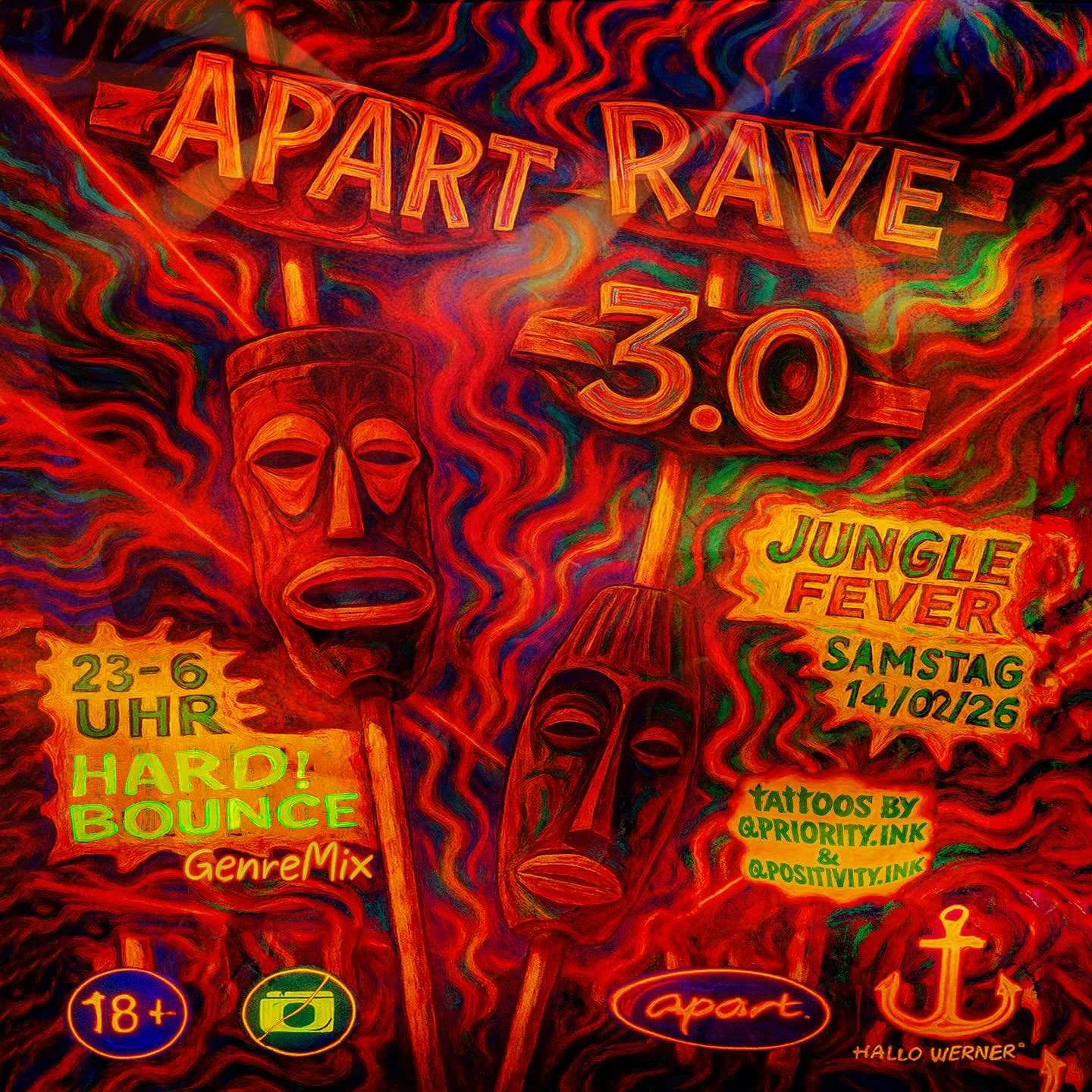 apartRave3.0 &ndash;  JungleFever
 Am 14.02.26 steigt apartRave 3.0 im Hallo Werner &ndash; mit neuer Location, neuen Ideen und in einer Dschungel Theme-Edition!
Freut euch auf Hard Bounce und Genre Mix von lokalen Augsburger DJs.
Zus&auml;tzlich hab