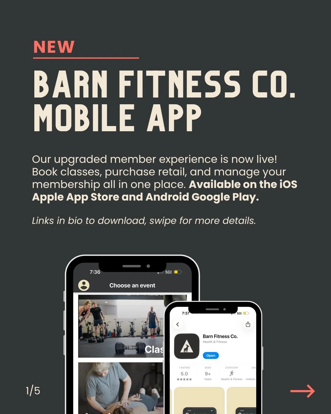 Your membership experience just got an upgrade. The new Barn Fitness Co. app is now live! Current members, swipe through to see how to access your account, and if you&rsquo;re not a member yet, find out how to join. 🔗 Link(s) in bio to download.