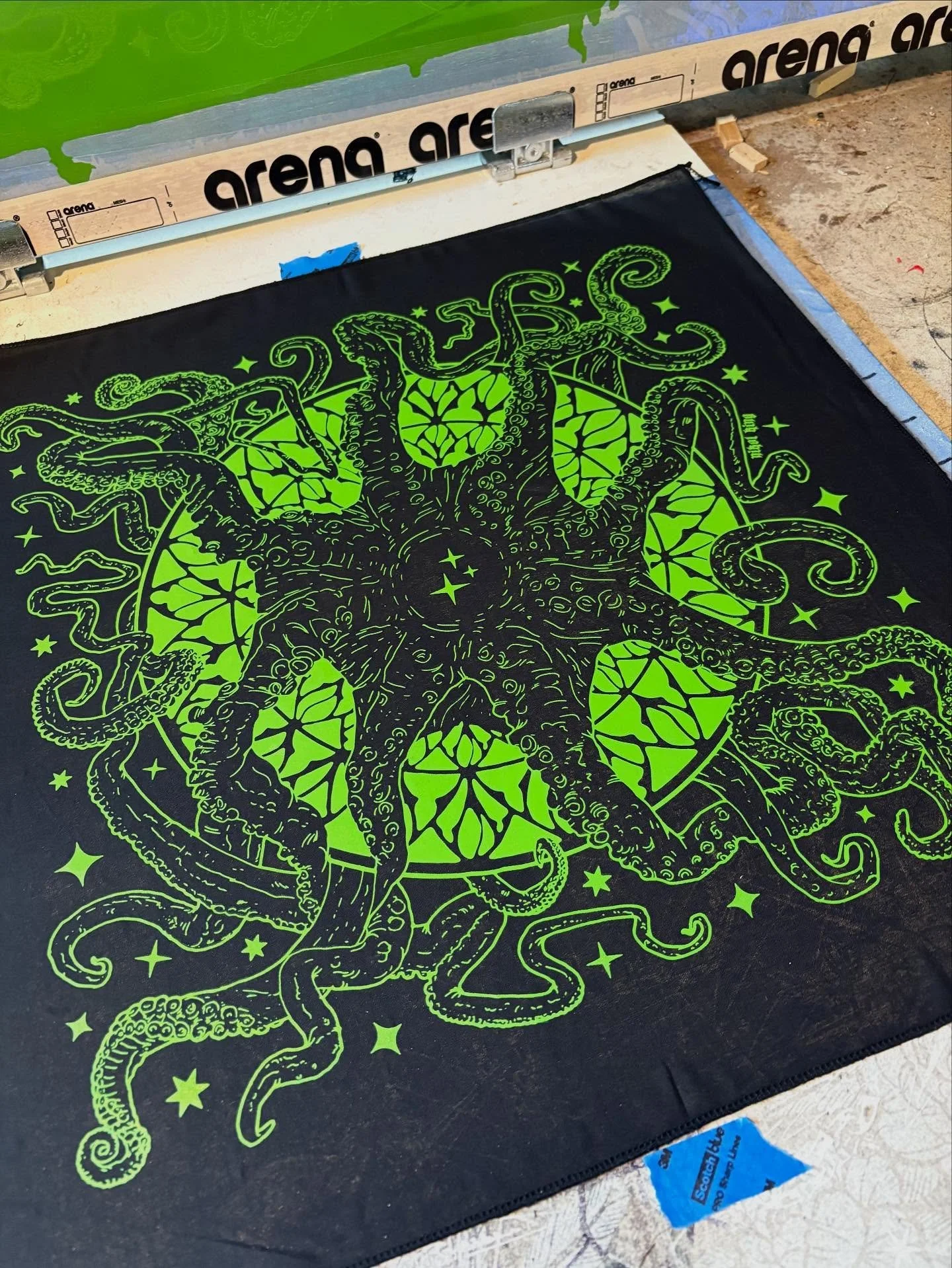 Bright green cosmic horror bandanas on press. Pick one up this weekend @beelzebubsbazaar and @nwreptileexpo ✨