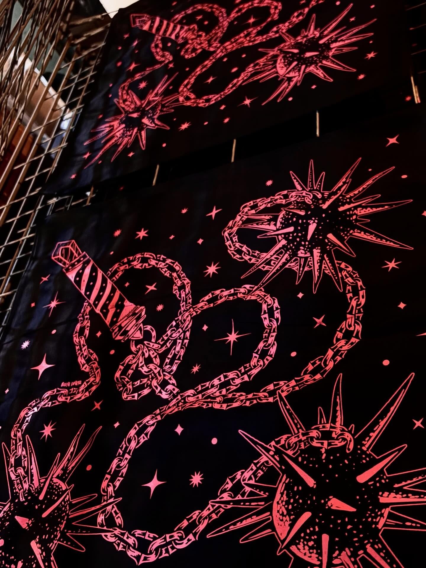 Printed up a limited run of pink on black Morningstar bananas! Snag one of these at my next event by @covencraft.pdx @hawthornehideawaypdx this Sunday, then later this month in CA for @shopmonstermall ✨