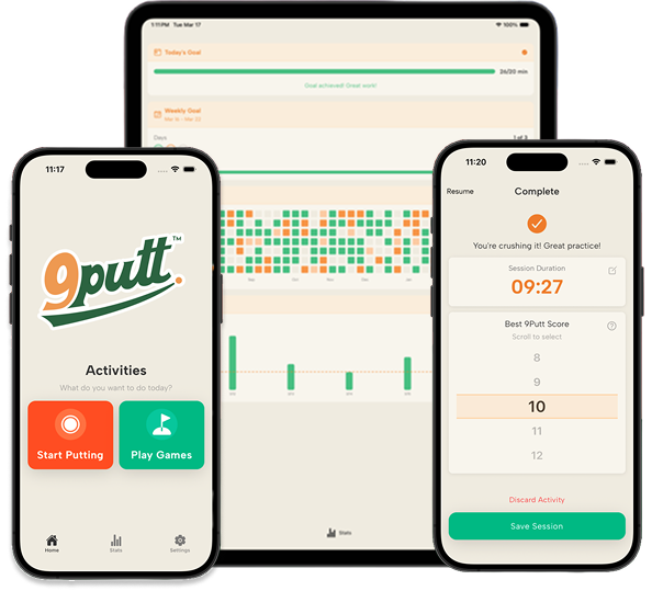 Screenshots of a golf training app displaying activity options, a progress chart, and session details on mobile devices.