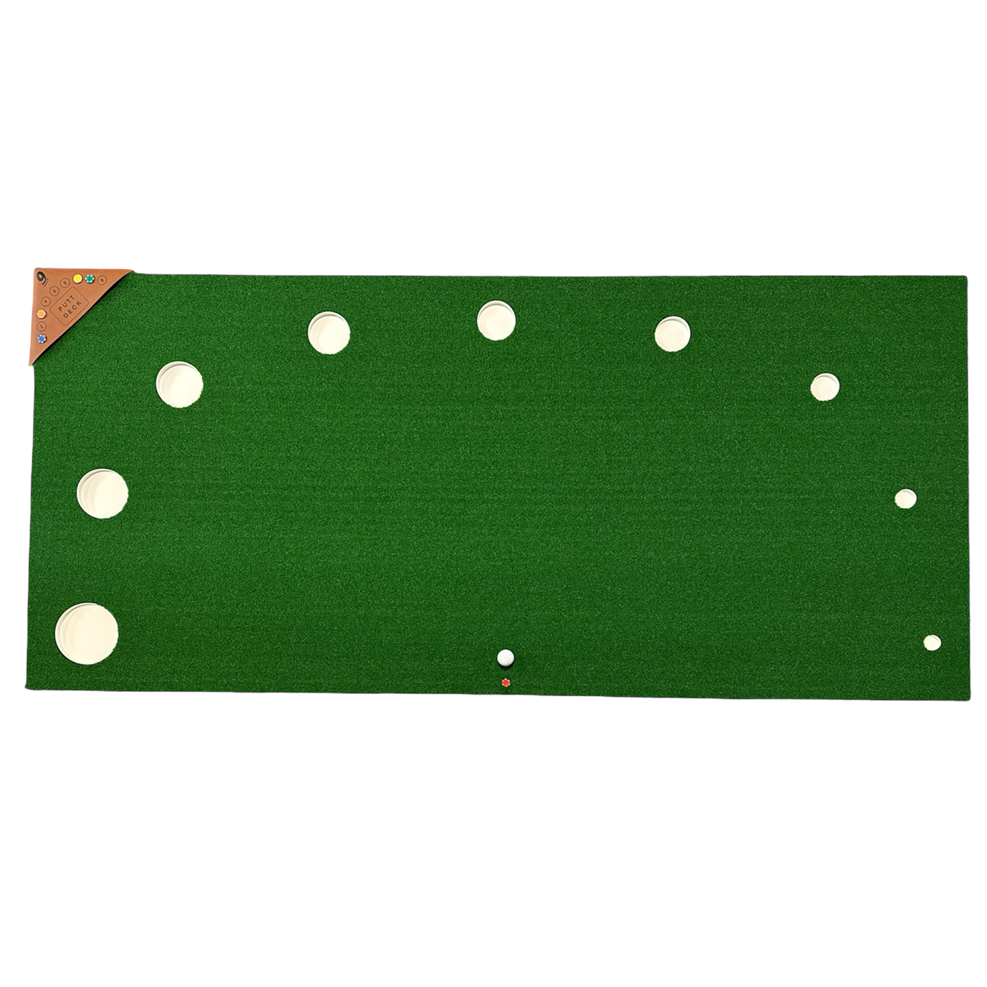 Miniature golf putting green with several holes and a single golf ball.