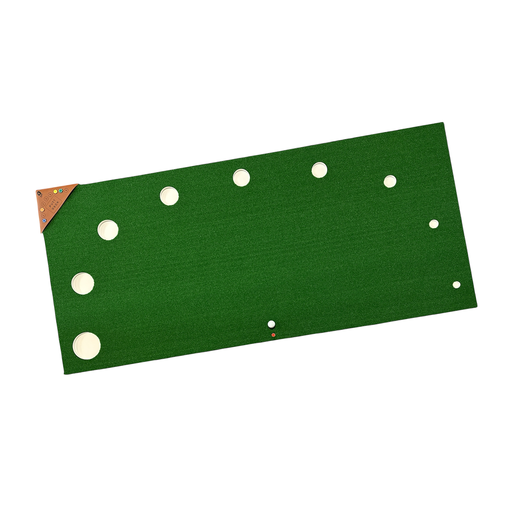A rectangular mini golf putting green with multiple holes and a red flag on the left side.