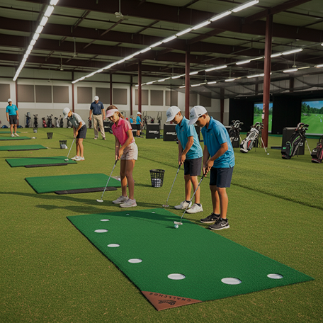 Children practicing golf swings on an indoor driving range with artificial turf, golf mats, and golf bags with the The Original 9Putt™ Mat.