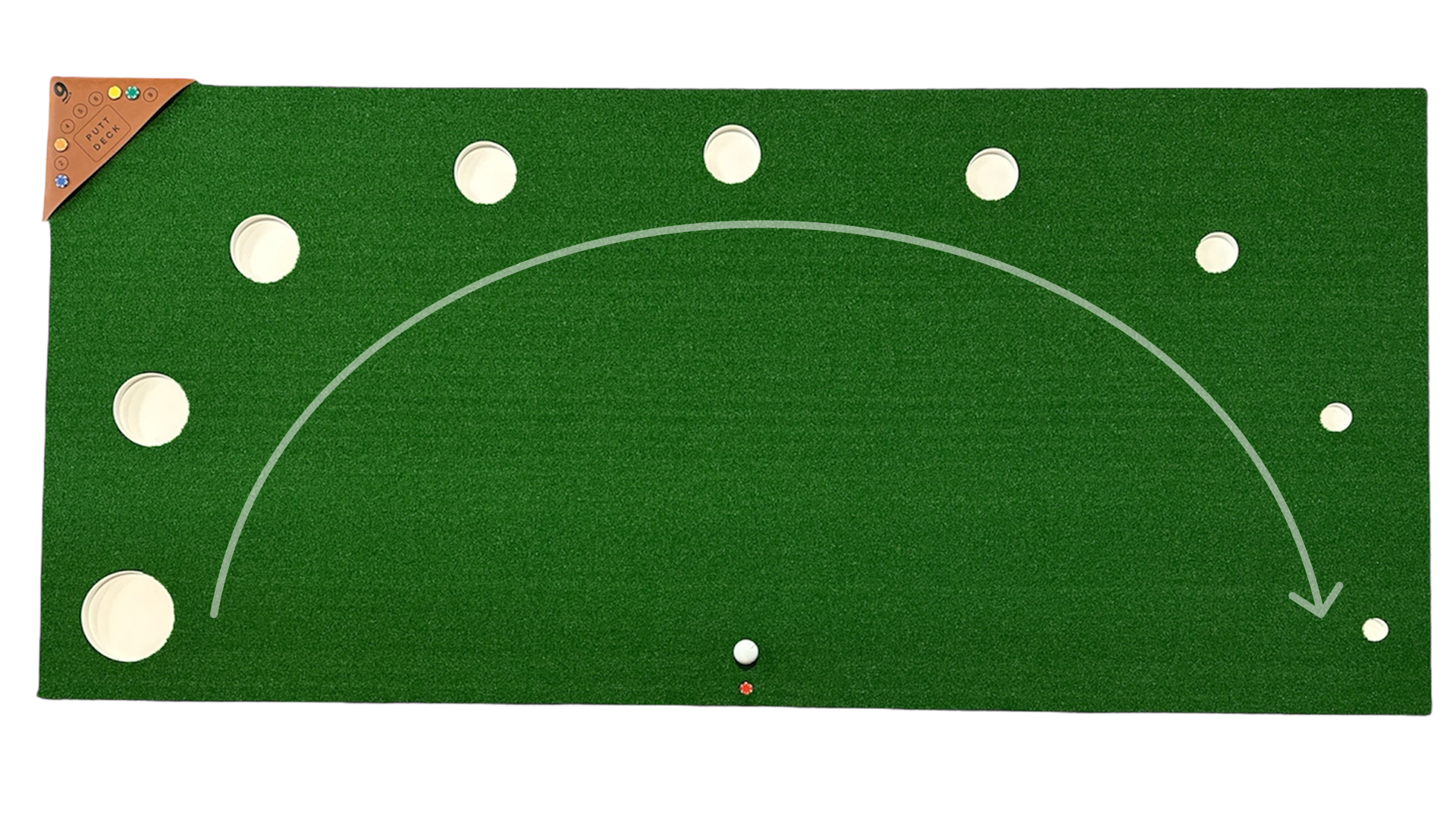 A mini golf putting green with holes and a ball, with an arrow indicating a curved shot toward the rightmost hole.