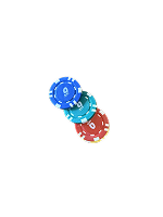 Stack of colorful poker chips on a wooden surface