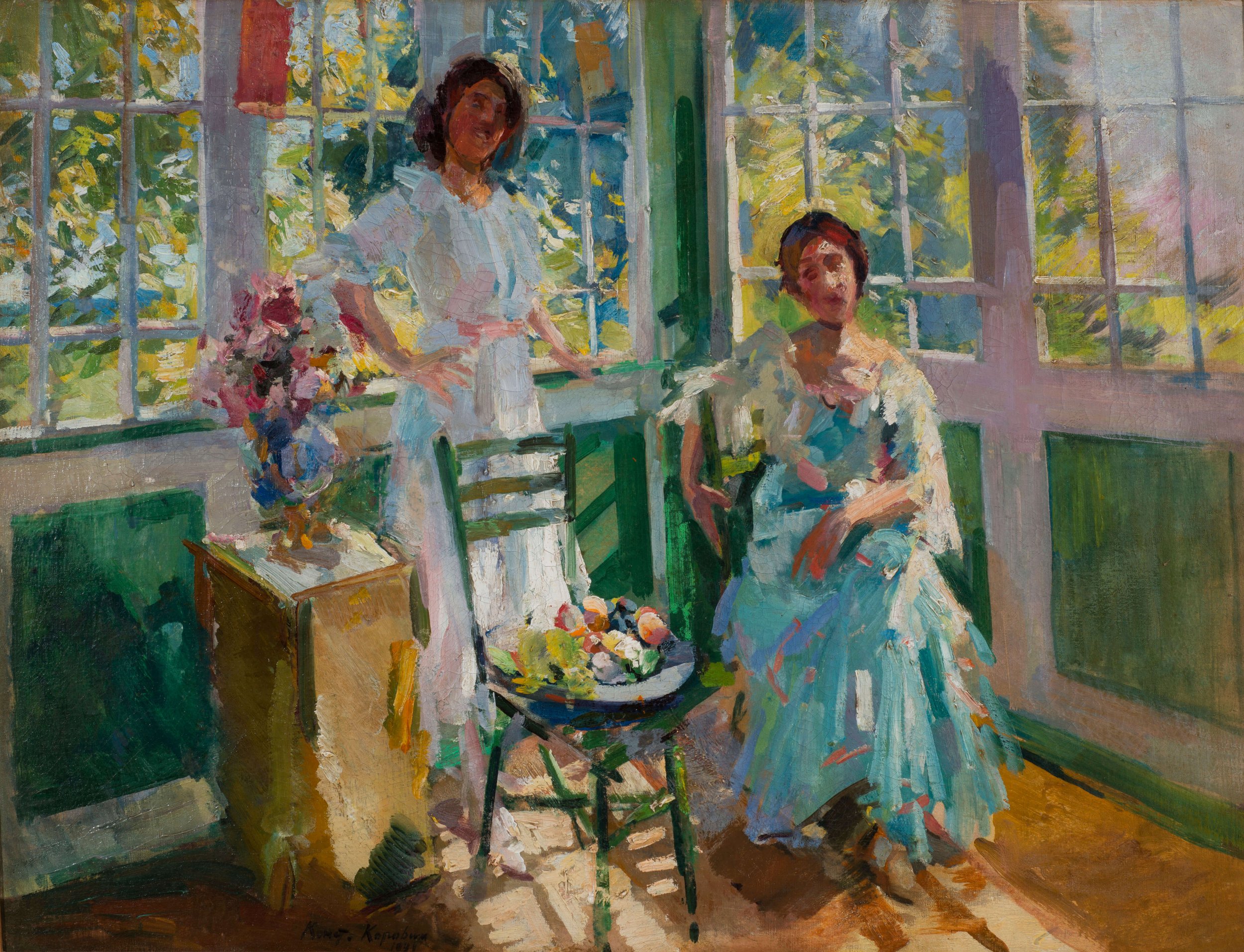 Korovin Constantin,  Chaliapin's Daughters on the Veranda, oil on canvas, 66.25 x 85.5 cm. 26 x 33.625 in..jpg