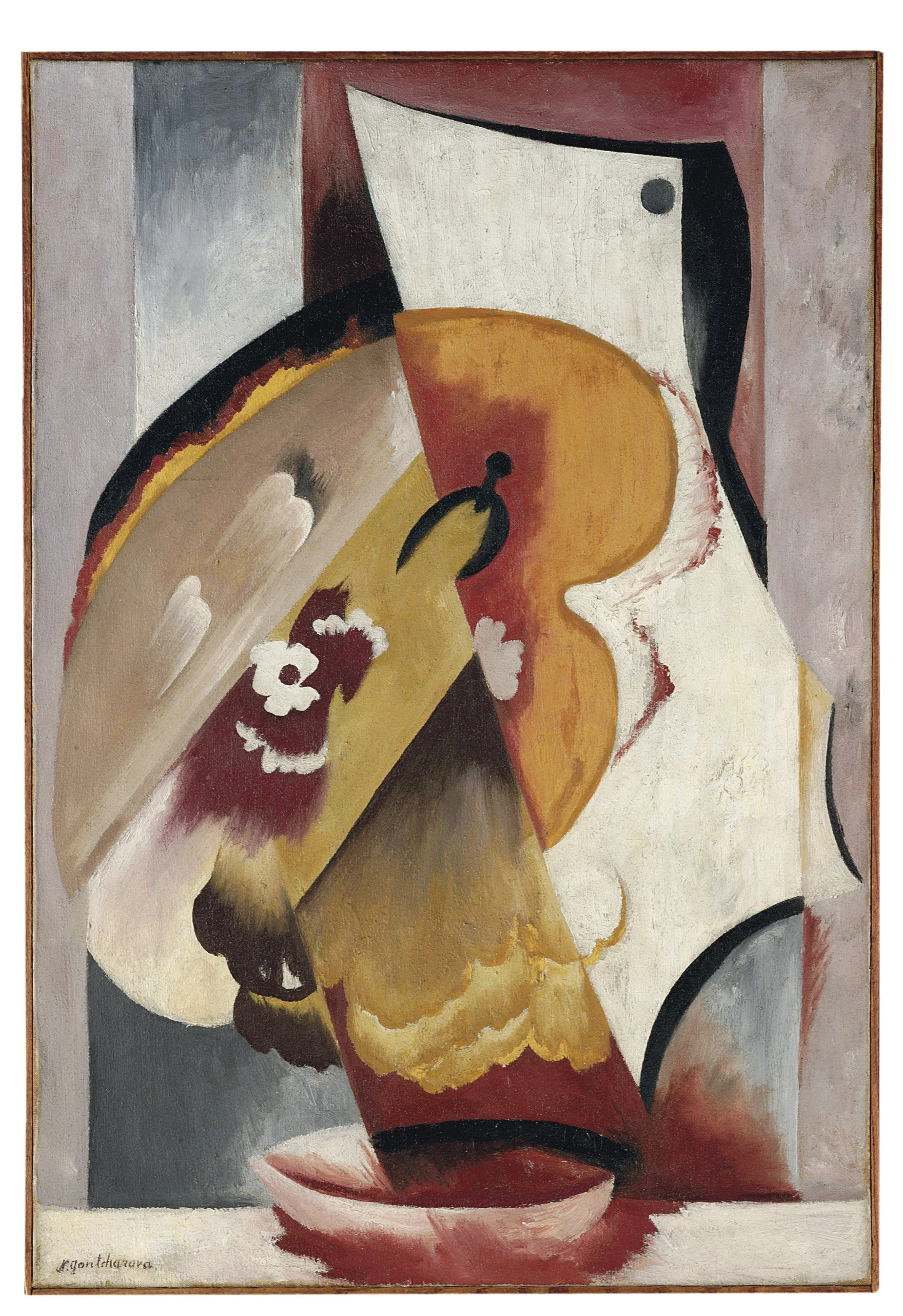 Abstract composition of overlapping curved and angular shapes in warm golds, reds, and creams, suggesting a painter’s palette within a dynamic cubist arrangement.
