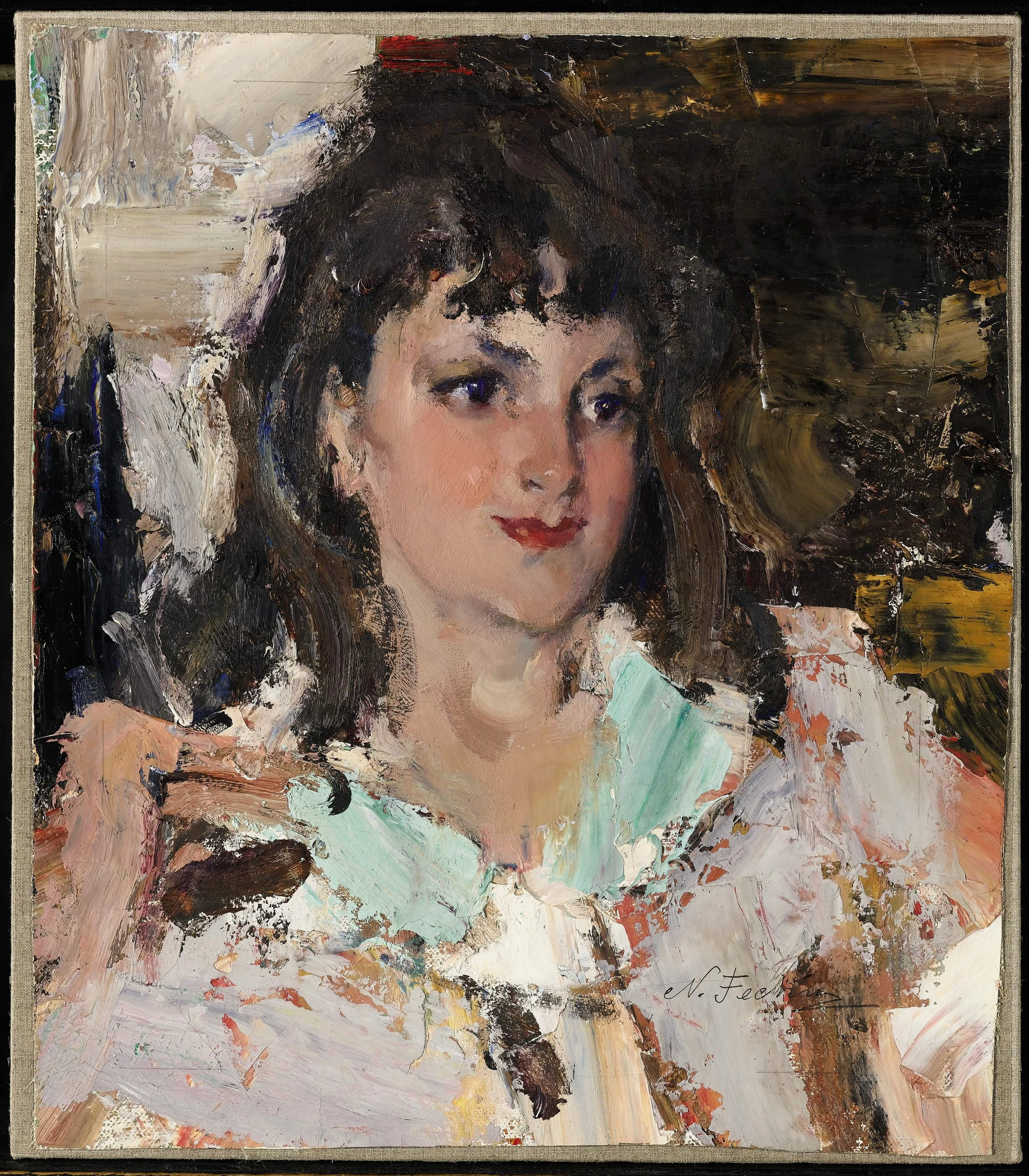Portrait of Mary Kiker 1931, oil on canvas  34 x 28.5 cm. (13 x 11 in.) Portrait of a woman with dark wavy hair and a soft smile, painted in loose, textured brushstrokes with pastel tones and a turquoise collar.