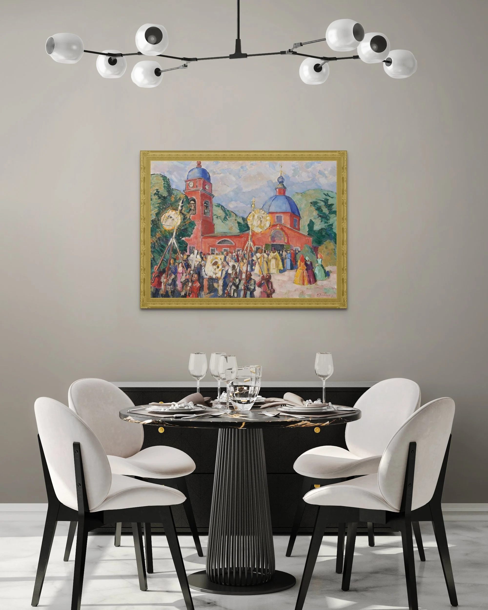 Oil painting 'Religious Feast' by Nikolai Ulyanov, depicting a lively outdoor gathering with figures in traditional attire partaking in a communal celebration, set against a landscape  hung up on a wall to demonstrate how it looks in an interior.