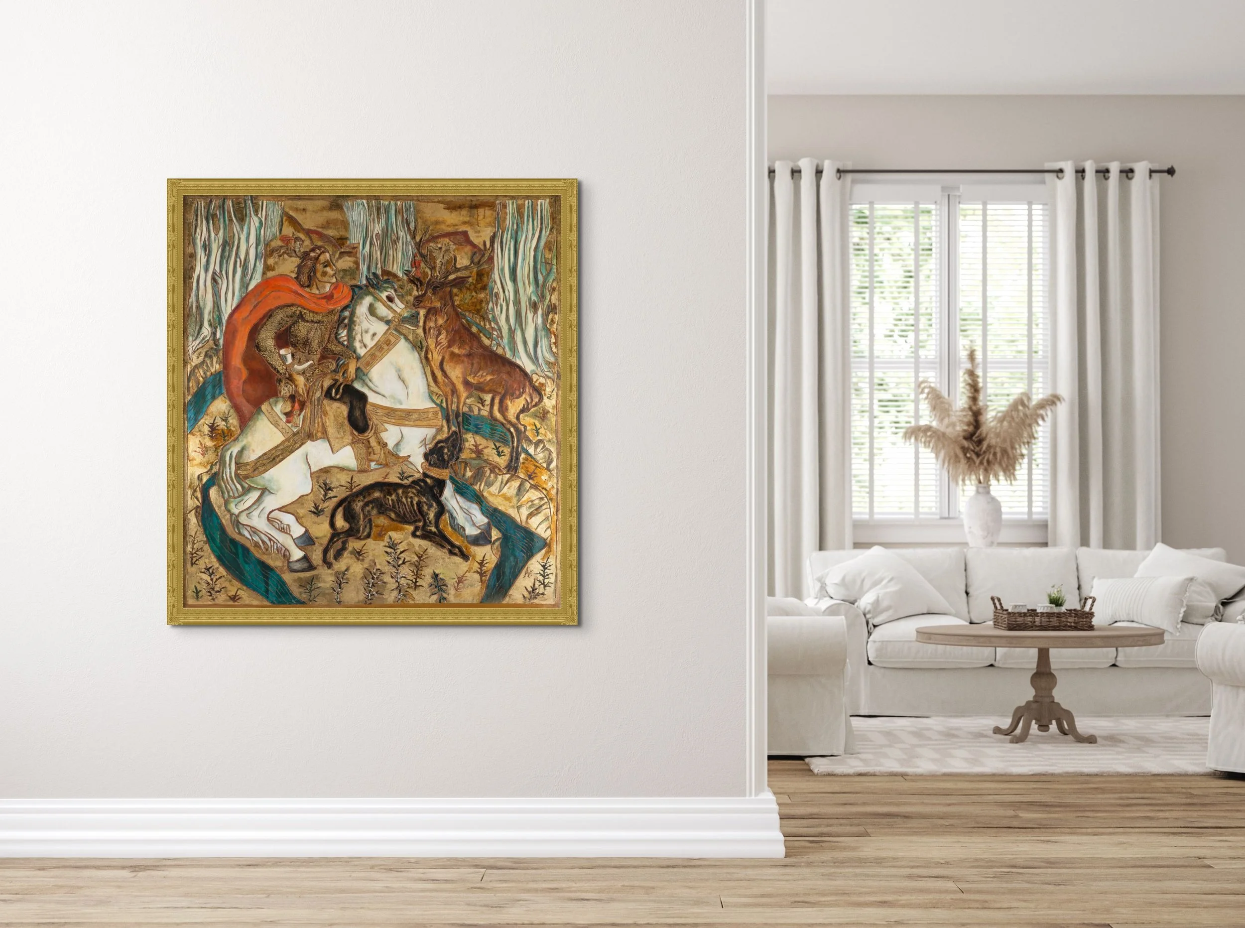A medieval-style hunter in chainmail and a flowing red cloak sits astride a white horse, facing a stag in a golden forest, with a black hunting dog leaping toward the animal. hung on a wall to demonstrate how the painting could look in one's interior