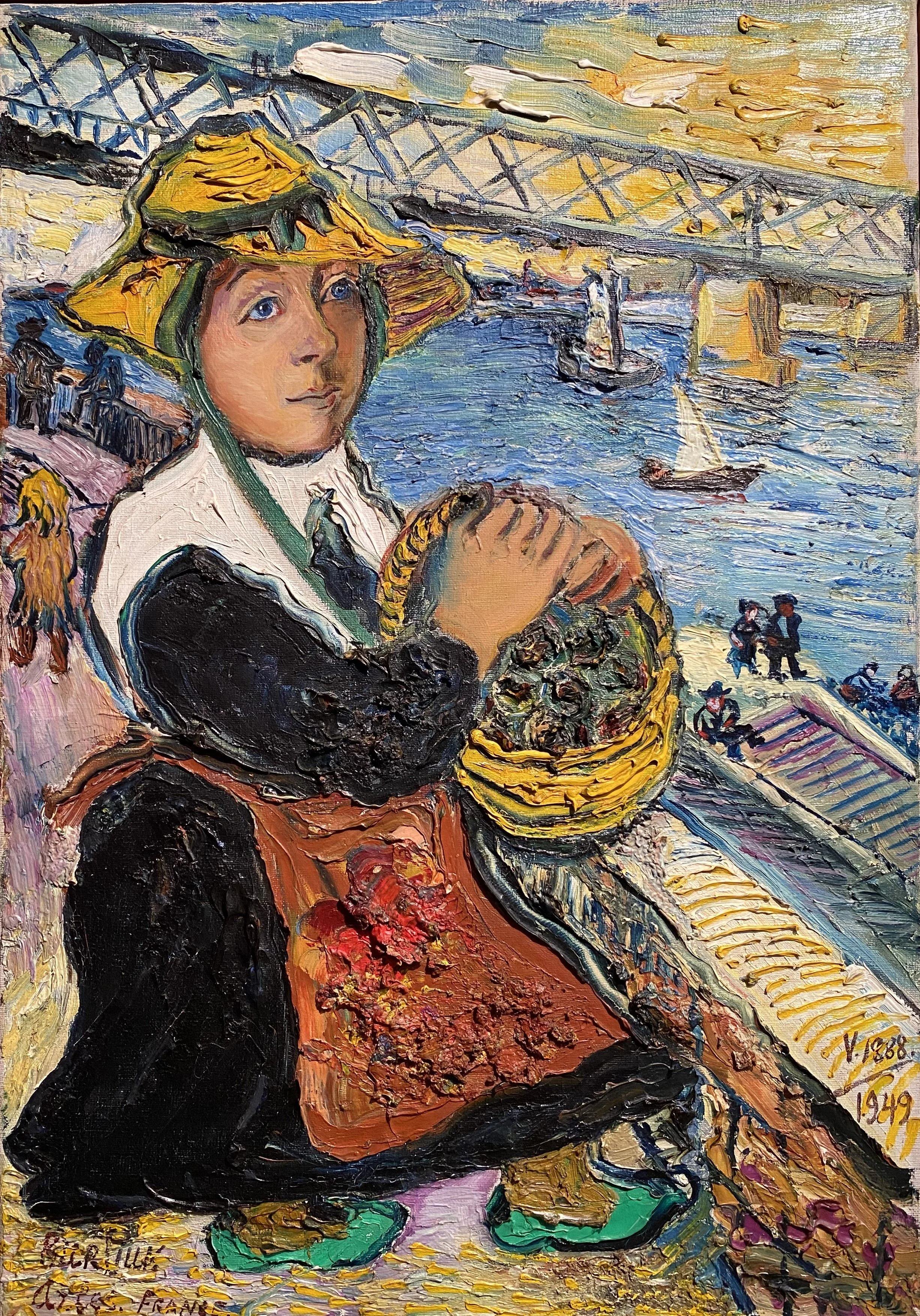 Portrait of a young woman in a yellow sunhat holding a basket of shellfish, set against a lively harbor scene in Arles, France, with boats, figures, and a bridge under a golden sky.