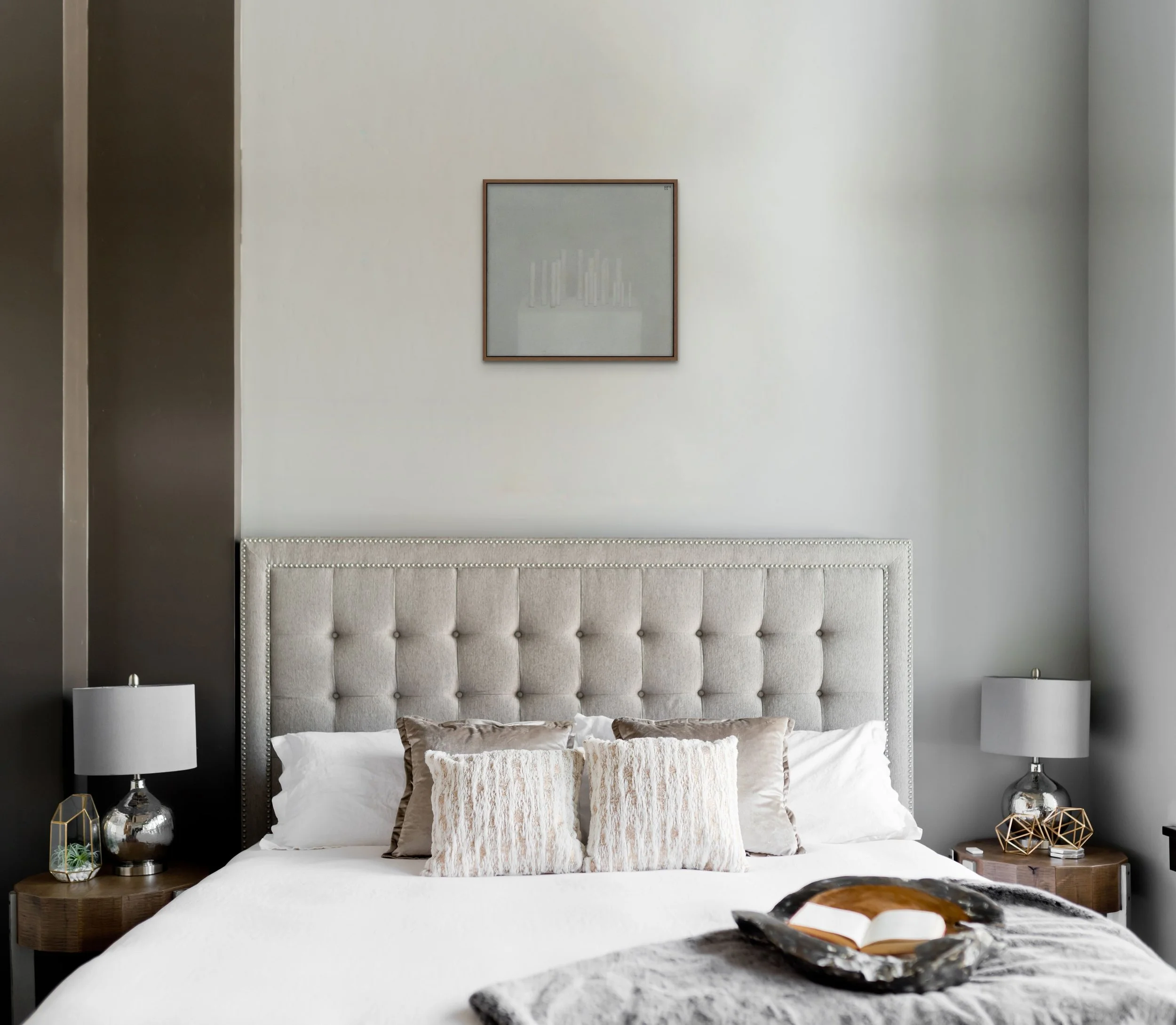 A minimalist, monochrome study in pale gray tones depicting an arrangement of vertical columns on a rectangular plinth. The soft focus and subtle tonal gradations lend the work an ethereal, almost fog-like atmosphere hung up on a wall for scale.