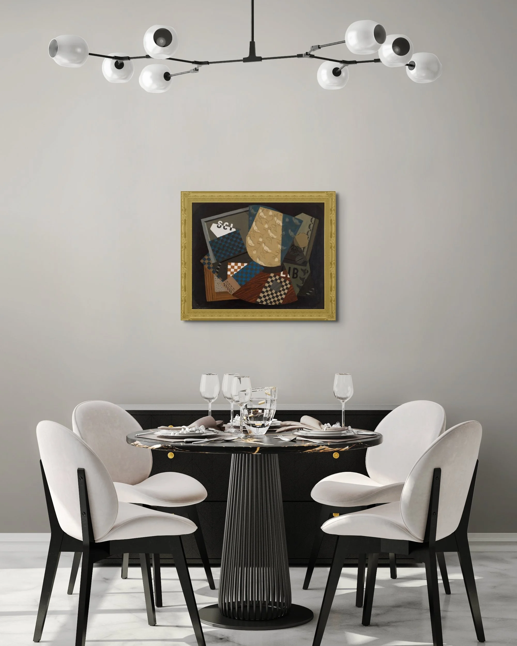 1920 Cubist oil painting of overlapping geometric shapes, patterned fabrics, wood grain, and partial text fragments in a collage-like arrangement hung up on a dining room wall to demonstrate how the painting could look in an interior.