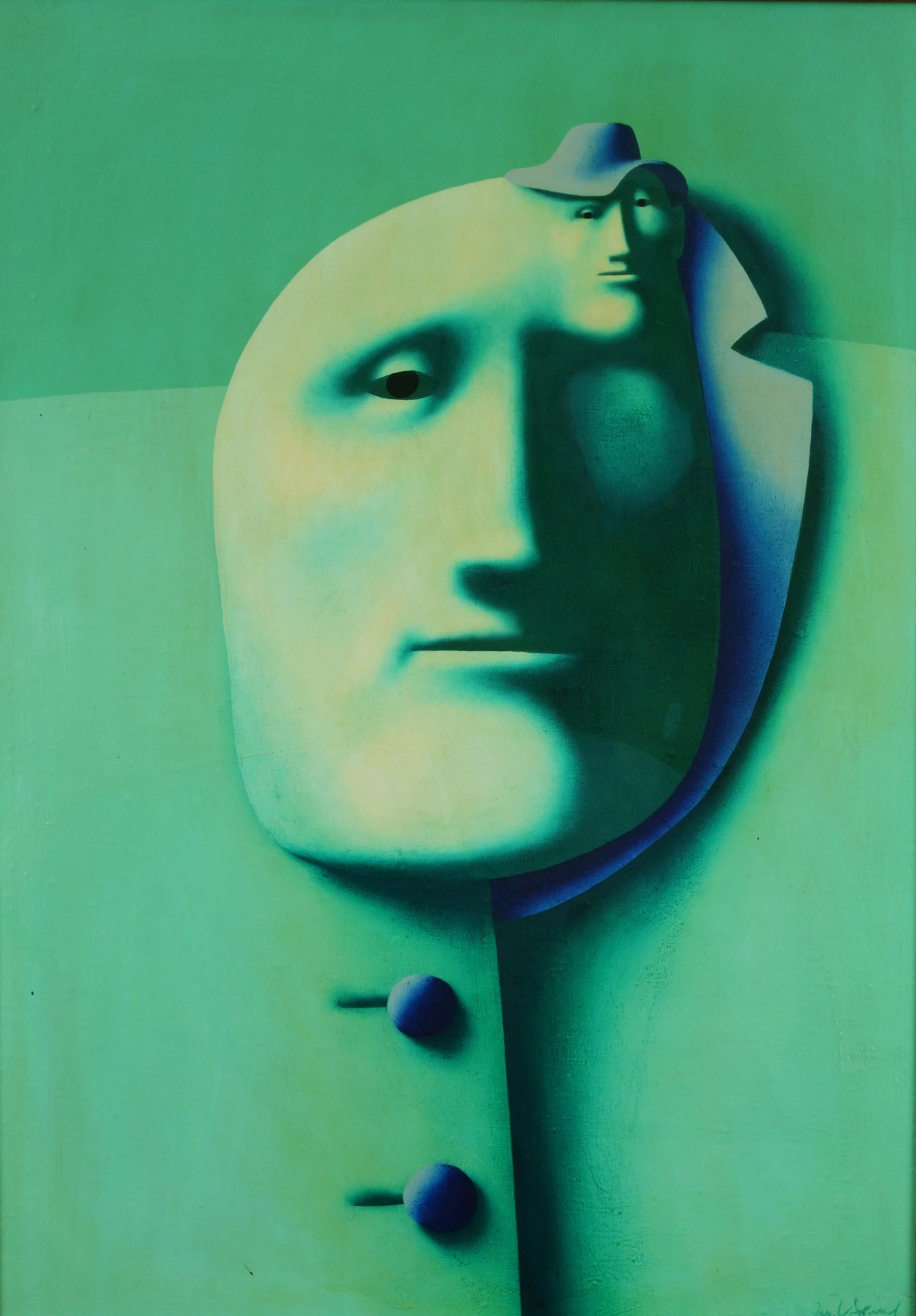 A surreal, monochromatic green portrait in which a second, smaller face emerges from the side of the larger head, partially cloaked in shadow.