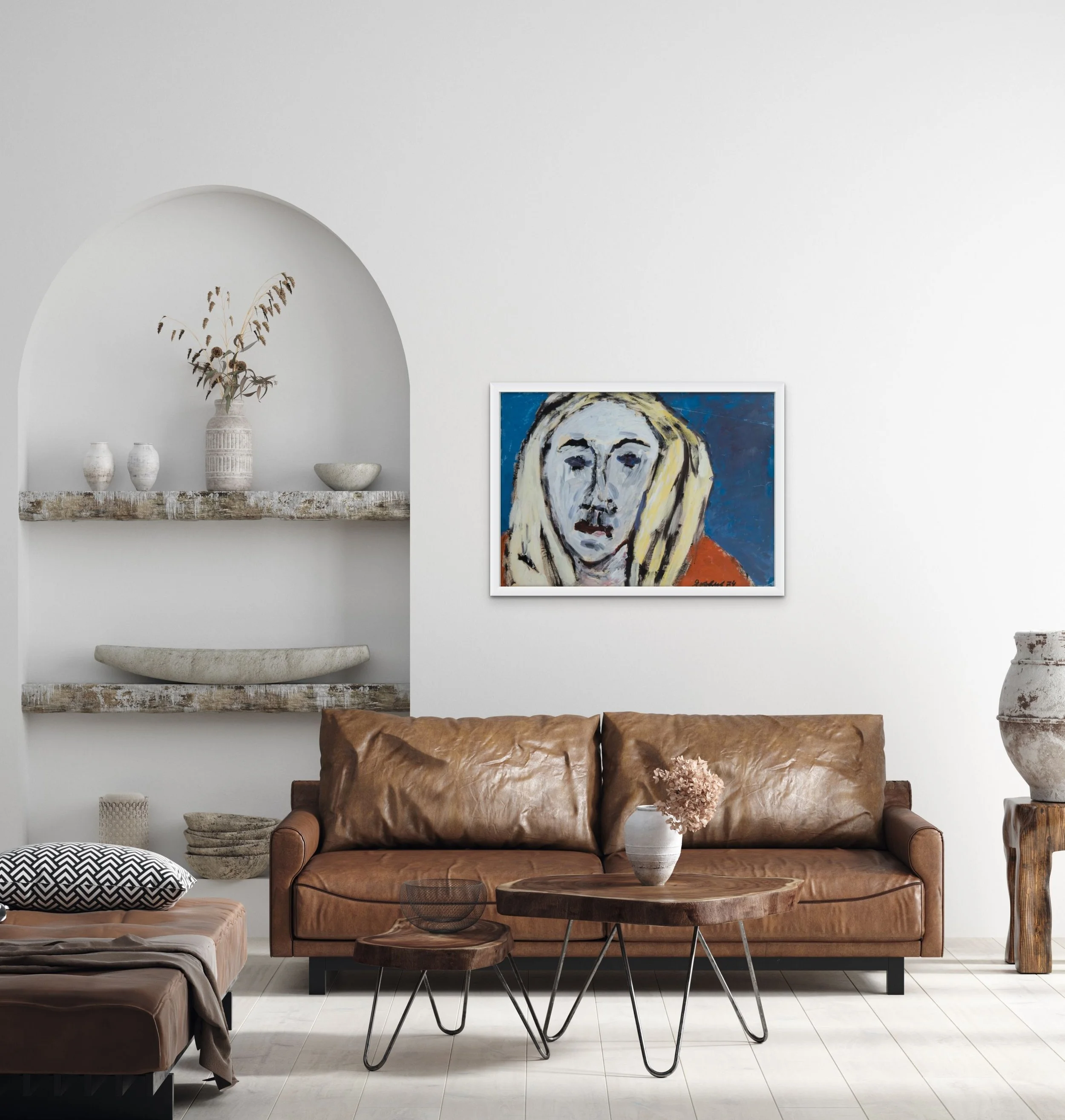 An expressive portrait of a woman with long blonde hair, painted in bold, gestural strokes. Her pale face, rendered in cool whites and grays, contrasts sharply against a deep blue background and her warm red garment hung on a wall for scale.