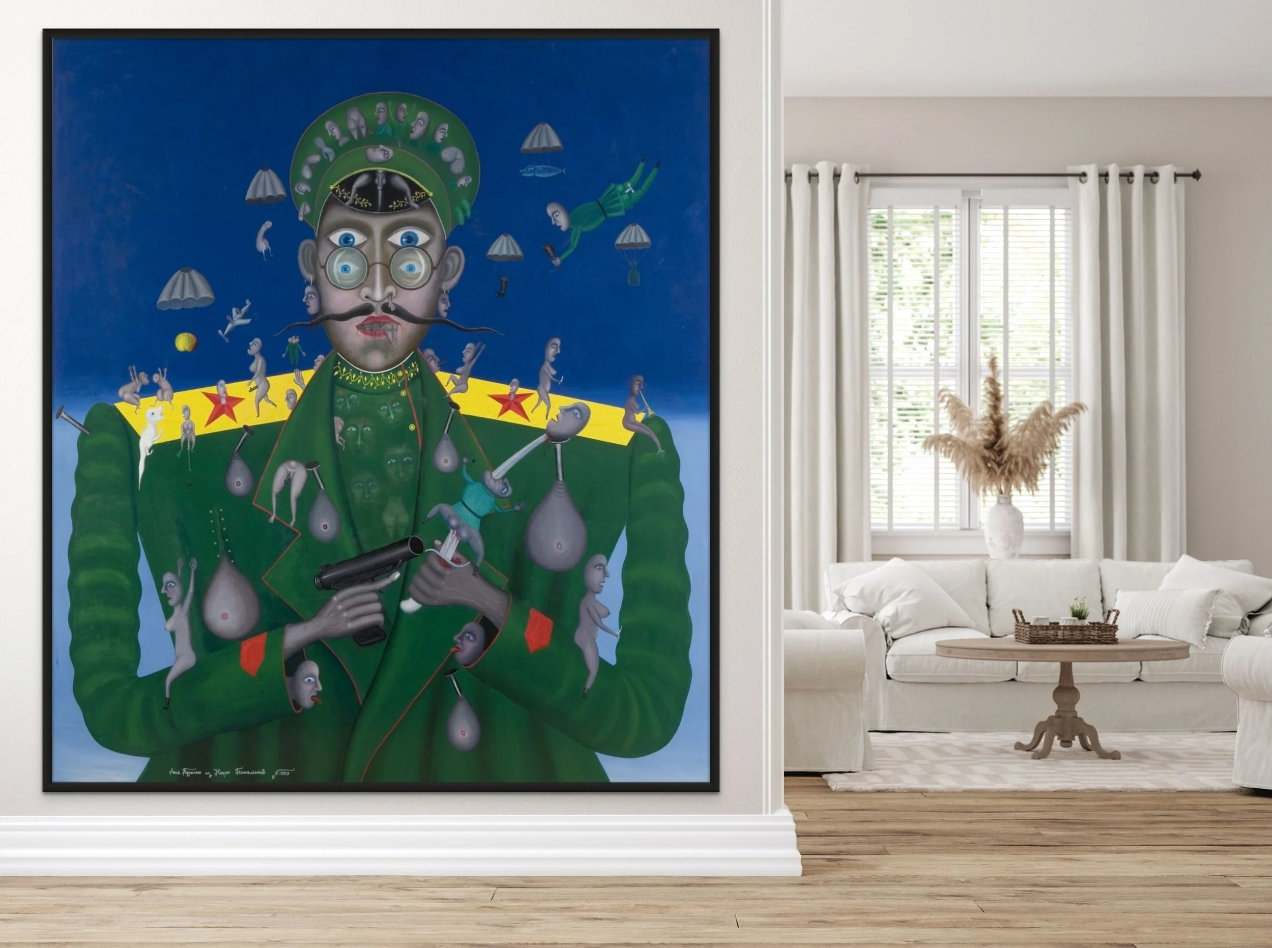 The man holds a black pistol, and the background features a yellow stripe with red stars. The scene is dreamlike and bizarre, filled with imaginative, otherworldly details hung on a wall for scale to show how it could look in an interior.