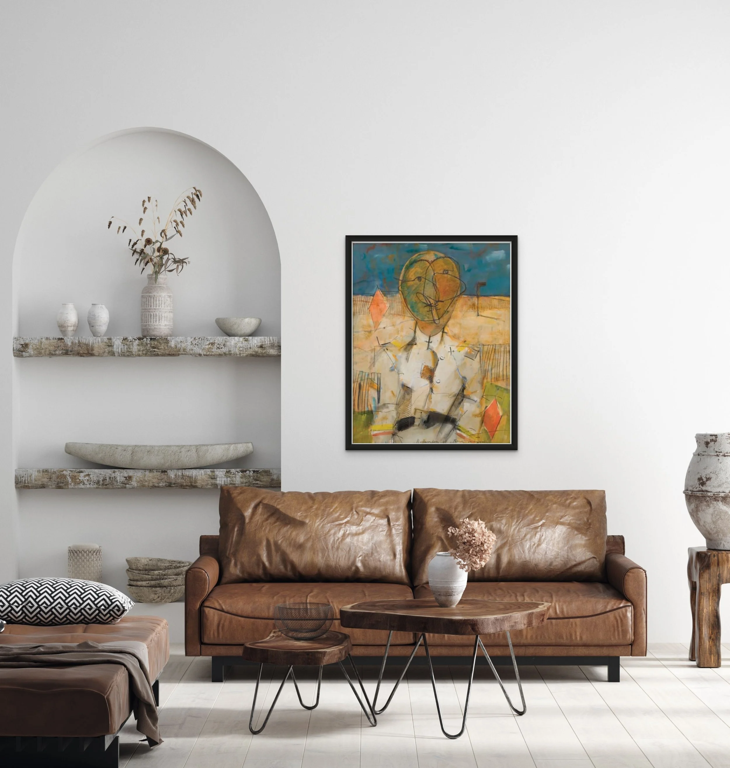 An abstract portrait of a figure in a white, buttoned garment, set against a sandy beige and blue background. The head is a loosely sketched oval of earth tones with intersecting black contour lines hung on a wall to demonstrate how it could look.