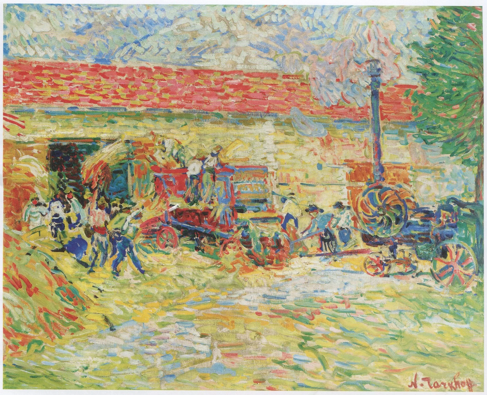 Derail of "Threshing Wheat", oil on canvas, 81 x 101 cm (31.8 x 39.7 in). An Impressionist rural scene depicting laborers engaged in threshing wheat beside a barn with a red roof.