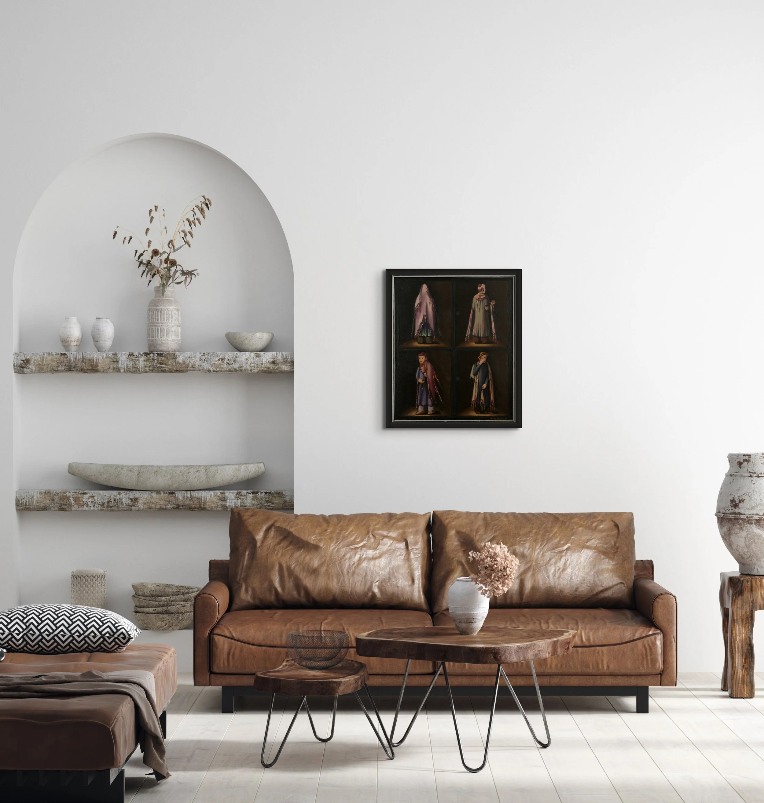 Oil painting 'Four Spaces' (1982) depicting four separate panels, each showing a solitary figure in traditional Jewish dress, positioned against a dark background and illuminated by a spotlight hung up on a wall to demonstrate how it could look.