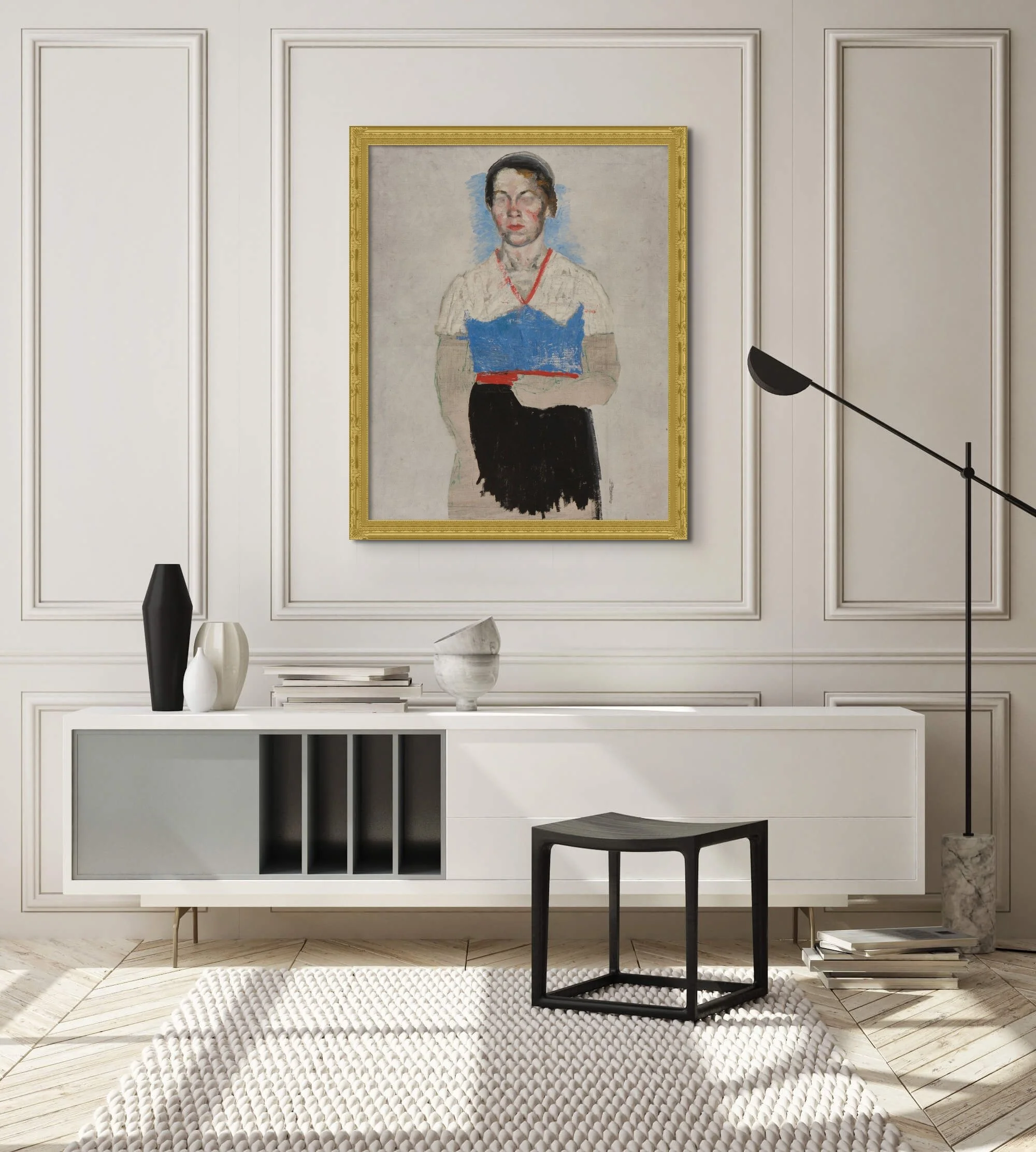 Simplified modernist portrait of the artist Leporskaya with red lips, a steady gaze, and blocks of blue, white, and black clothing hung up on a wall to demonstrate how the painting looks in an interior.