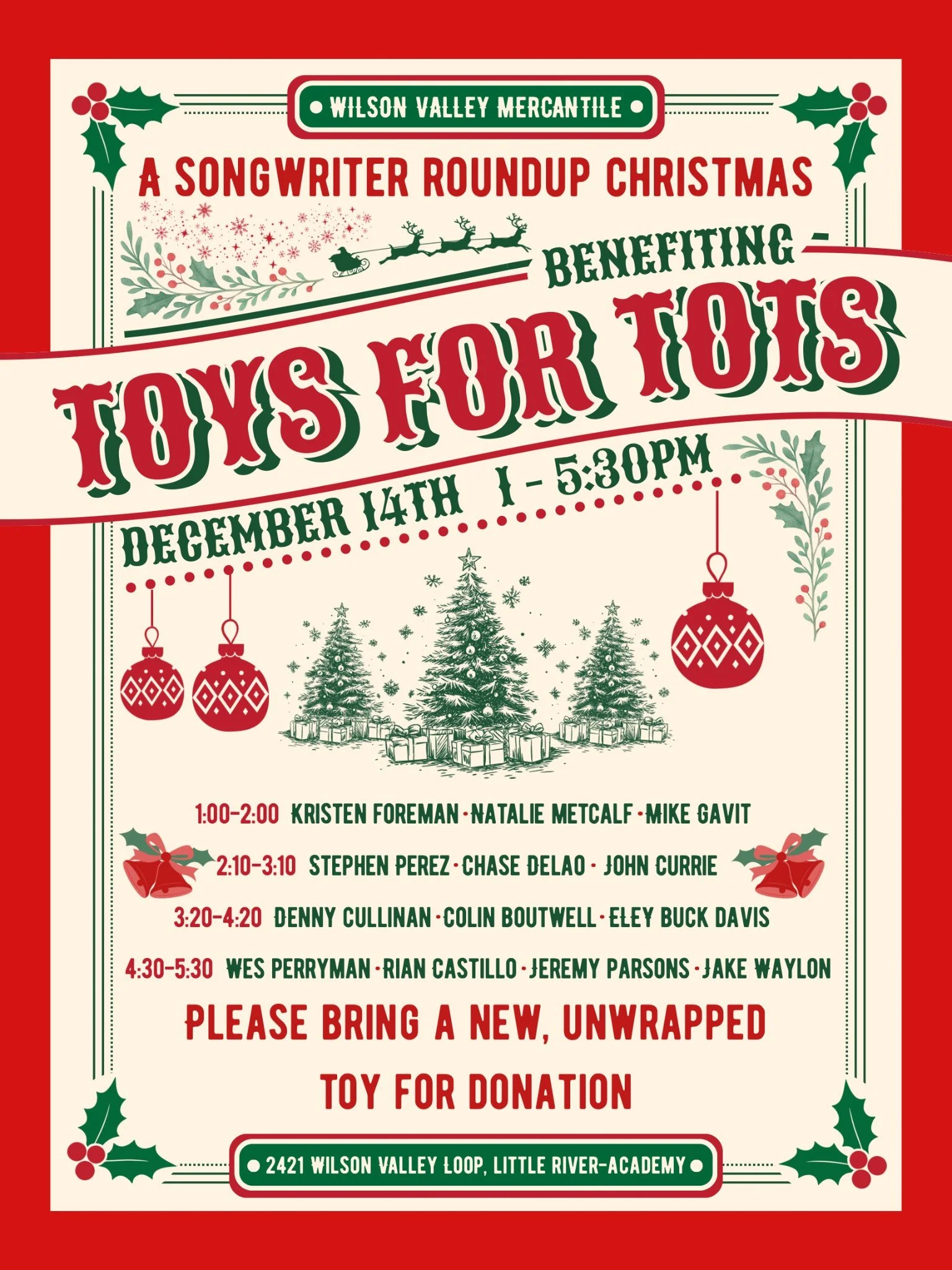 A Songwriters’ Christmas Toy Drive at Wilson Valley Mercantile | Dec 14, 2025 | Little River TX Event