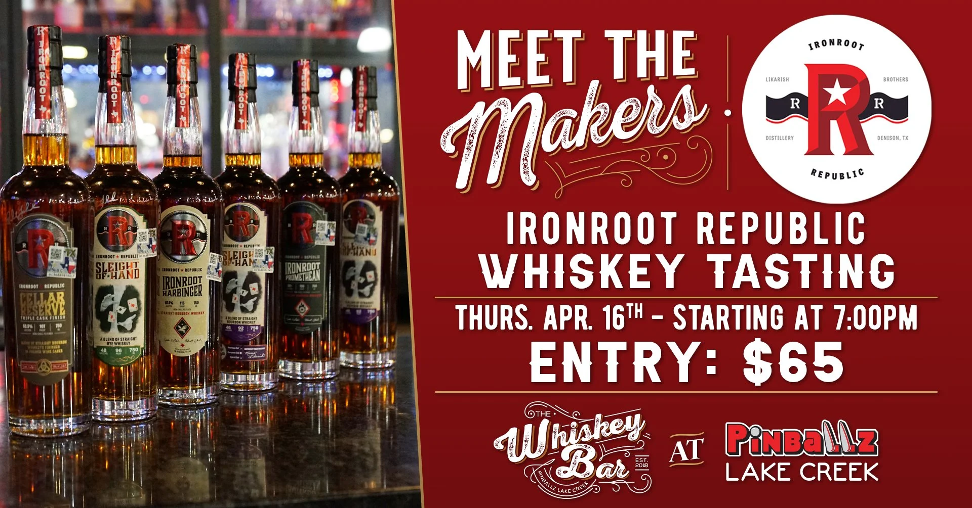 Ironroot Republic Whiskey Tasting at Pinballz Lake Creek | Austin TX Tasting Event