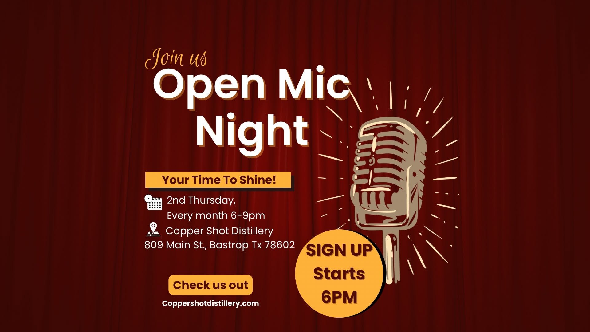 Open Mic Night in Bastrop, TX | Copper Shot Distillery