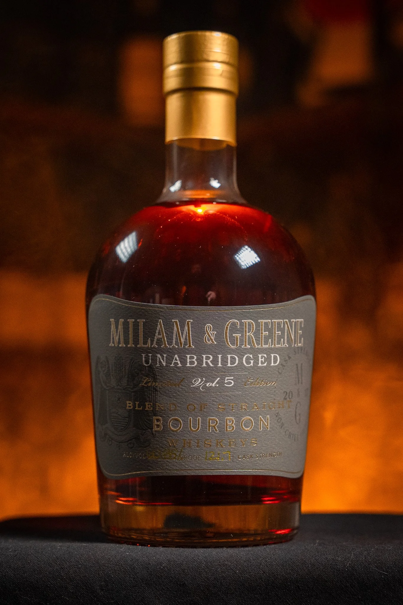 A bottle of Milam & Greene Bourbon