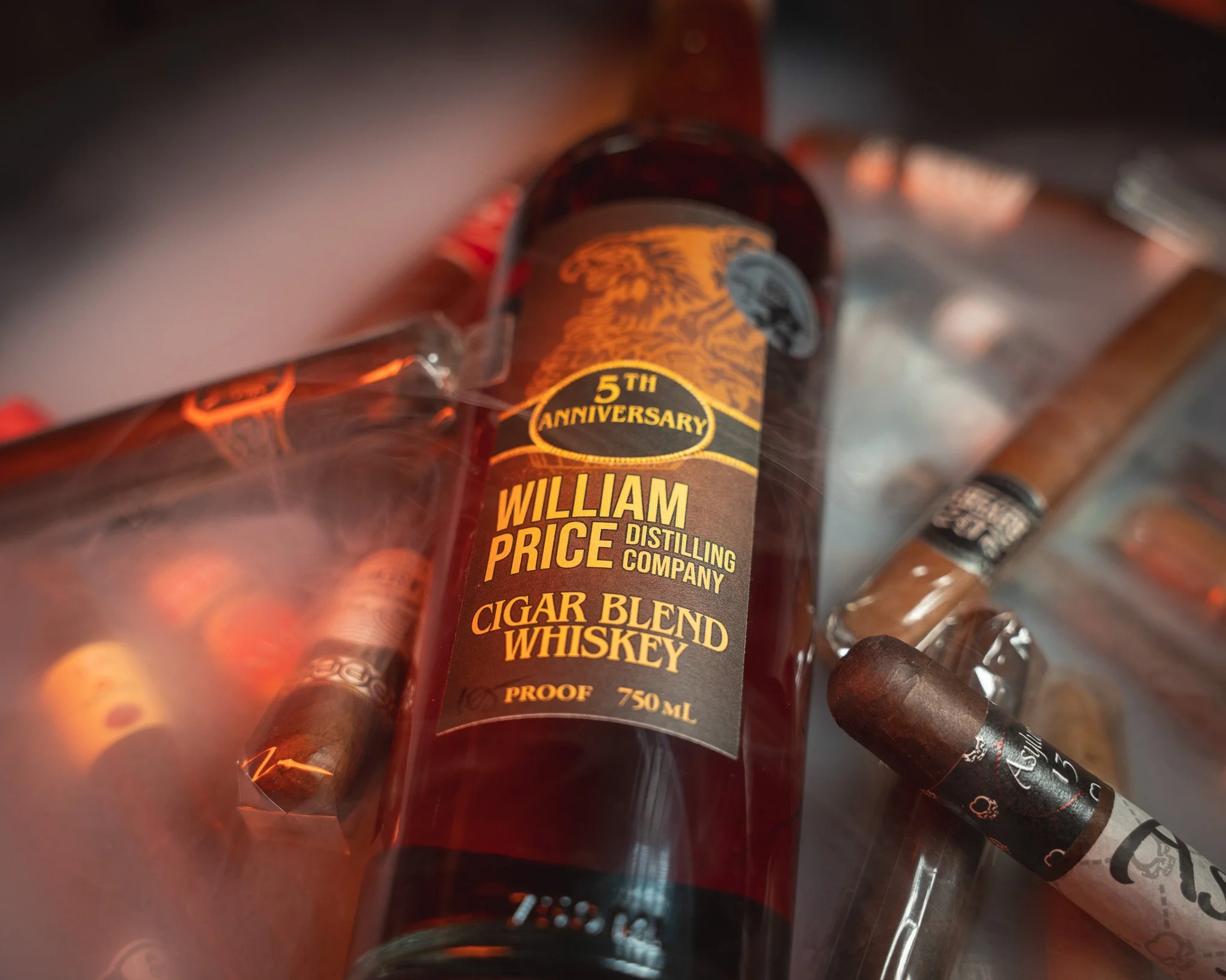 Cigar blend whiskey surrounded by smoke and cigars