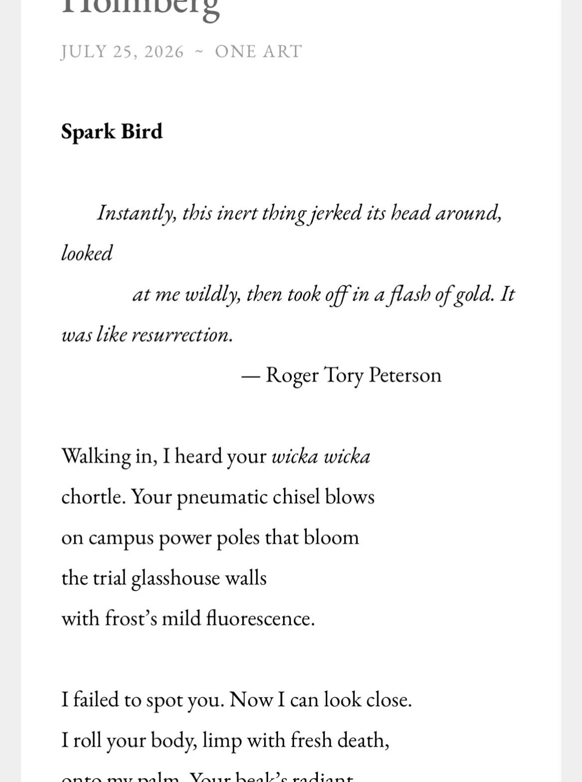 Grateful to have a new poem out in One Art!
https://oneartpoetry.com/2026/07/25/spark-bird-by-karen-holmberg/