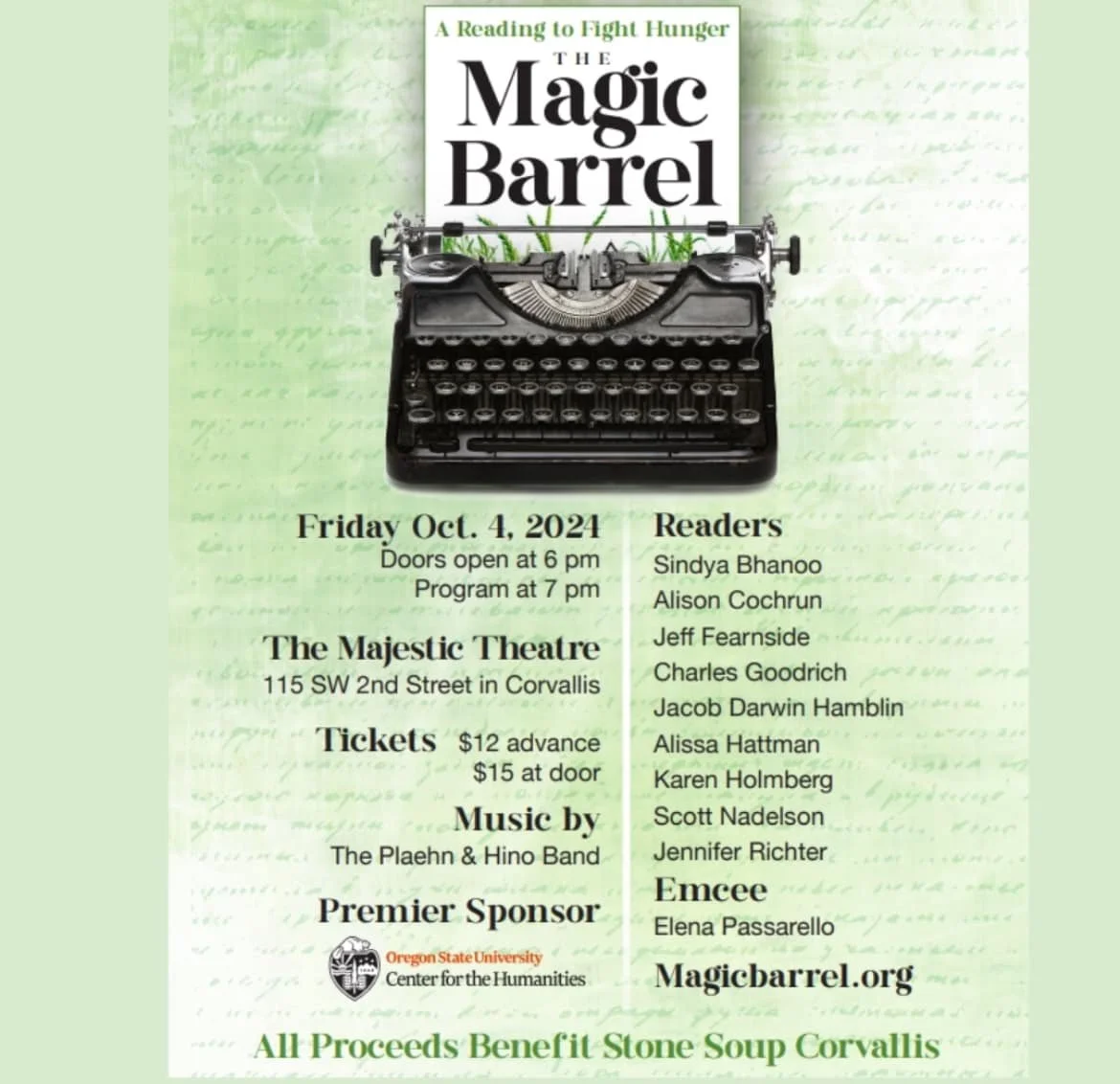 The Barrel rolls again! Come on out to raise money to fight hunger, and enjoy the brilliance of this fabulous roster of readers. I will be reading a scene from The Collagist, again with a musical collaborative genius of Sam Monroe Olson! But I most p