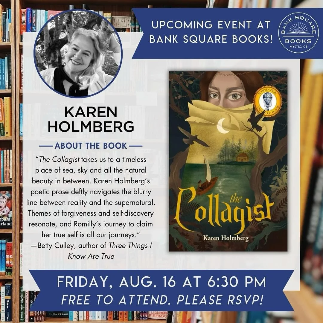 I&rsquo;m reading from my debut YA novel The Collagist and discussing the writer&rsquo;s life in the beautiful Bank Square Books in Mystic. CT tomorrow. Come on down!