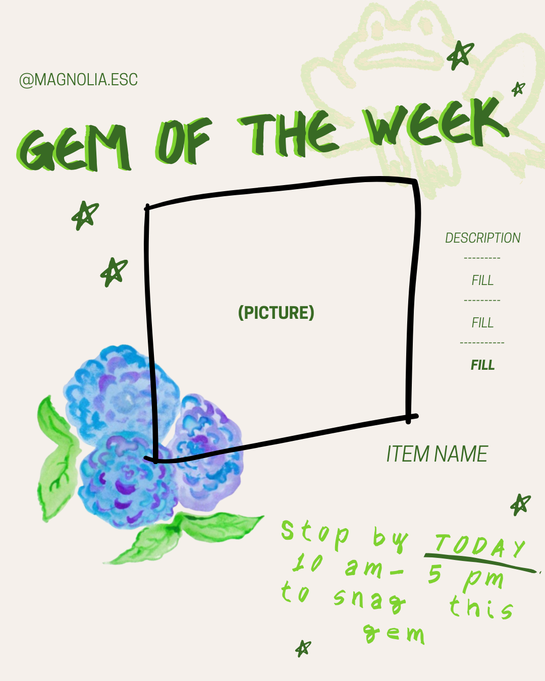 **‘Gem of the Week’ Post Template**

This template can be adapted for Instagram stories & features a hydrangea illustration by me. It introduces a new font ‘CYN Piatakin’, this keeps a similar illustration touch to go with the cosy, genuine feel of M