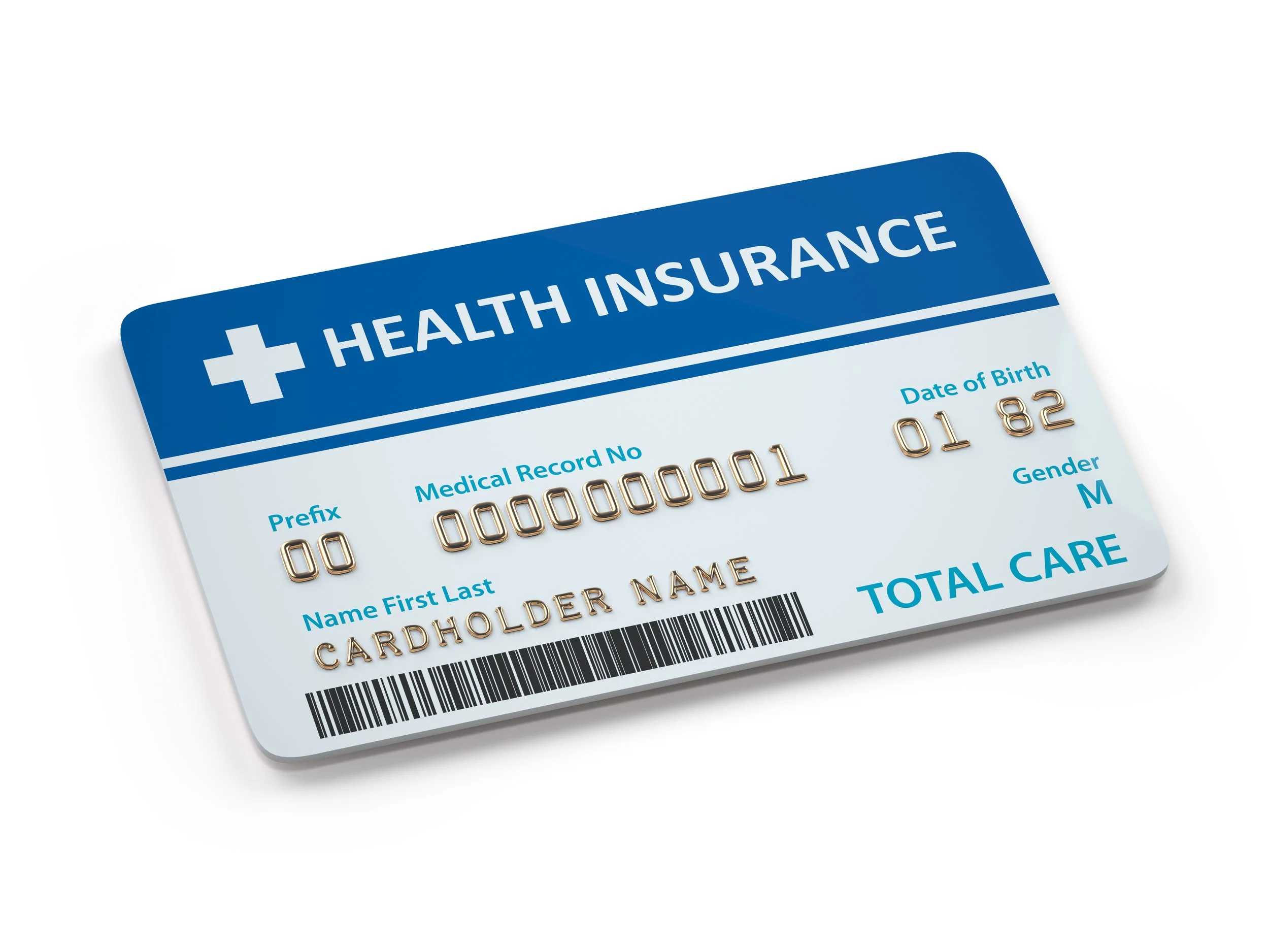 Health insurance card with blue and white design, showing medical record numbers, date of birth, and cardholder name.