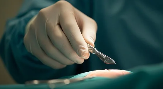 Mohs Surgeon's hand holding scalpel during surgery
