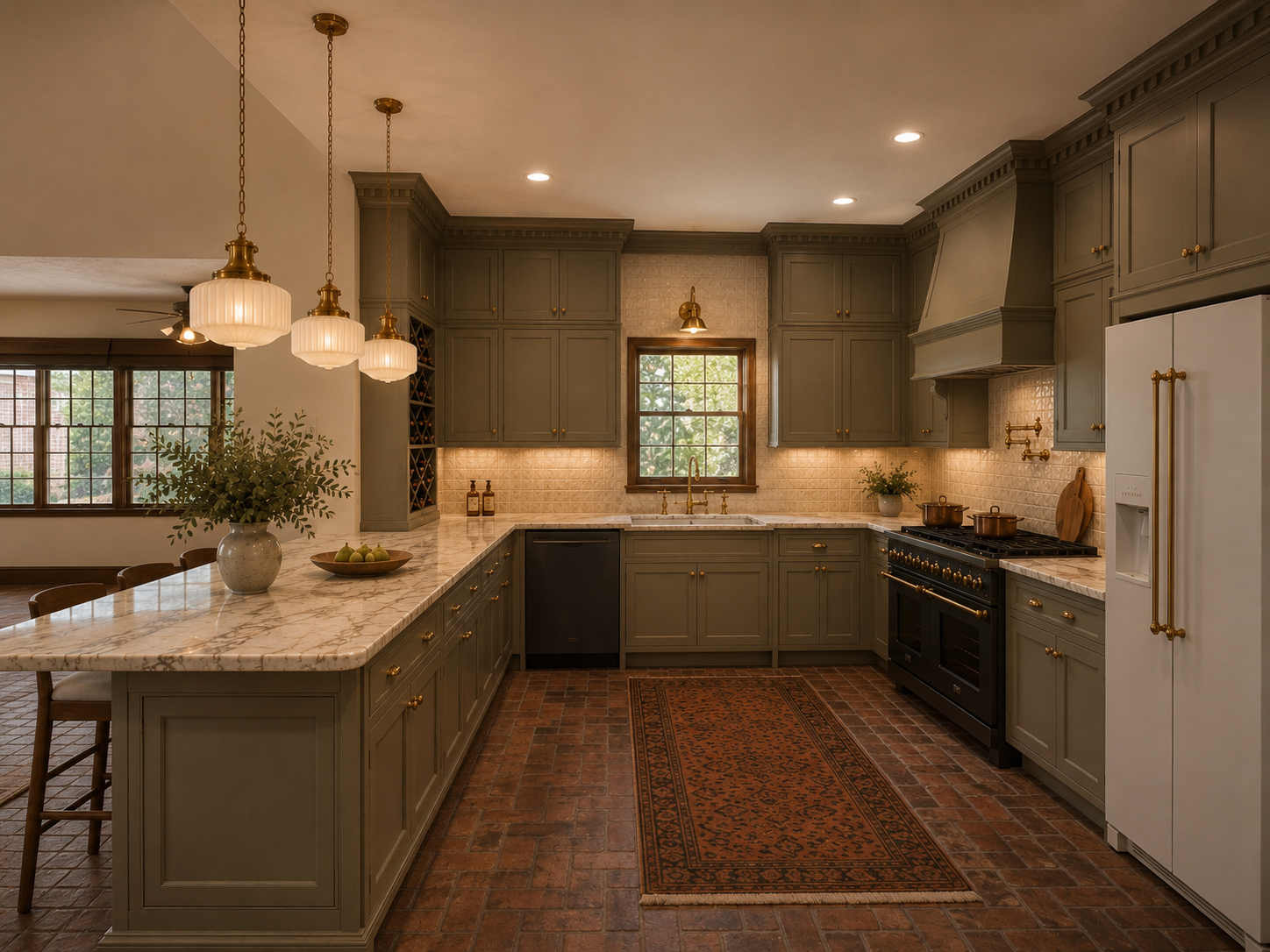 Early Clipper Cove kitchen renovation concept by shelby youtsas in Lafayette, Louisiana, with olive taupe cabinets, marble counters, brick flooring, brass fixtures, zellige-style backsplash, and vintage-inspired pendant lights.