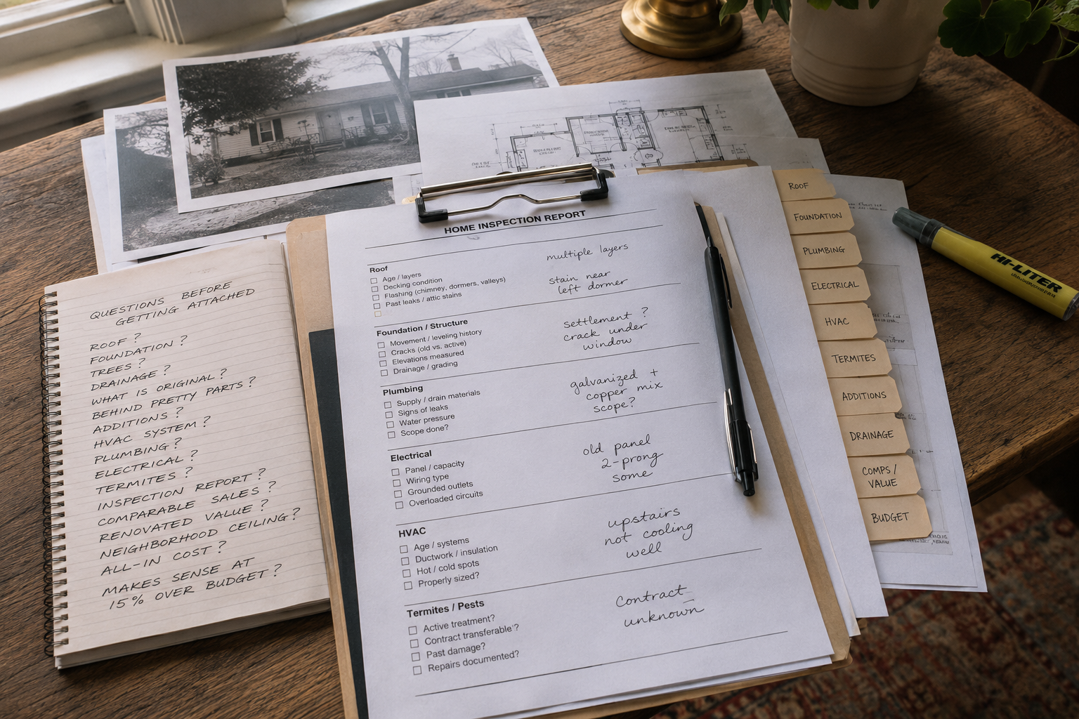 Old house inspection and renovation planning documents on a table with notes about roof, foundation, plumbing, electrical, termites, drainage, comparable sales, and budget before buying a Lafayette home.