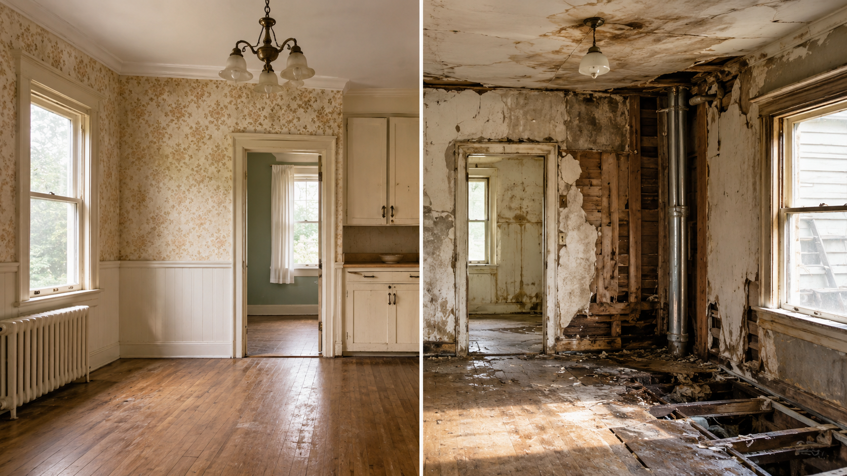 Split-style old house renovation image showing the difference between cosmetic updates and major repair issues, with one room showing dated finishes and the other showing water damage, exposed framing, and deteriorated surfaces.