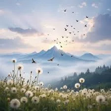 Mountain landscape with dandelions and flying birds