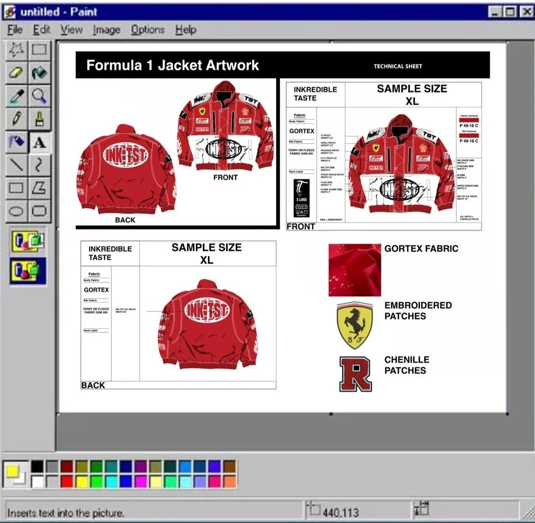 Design blueprint for a Formula 1 racing jacket, showing front and back views, with details of fabric and patches, including embroidered and chenille patches, and fabric samples like Gortex and fleece.