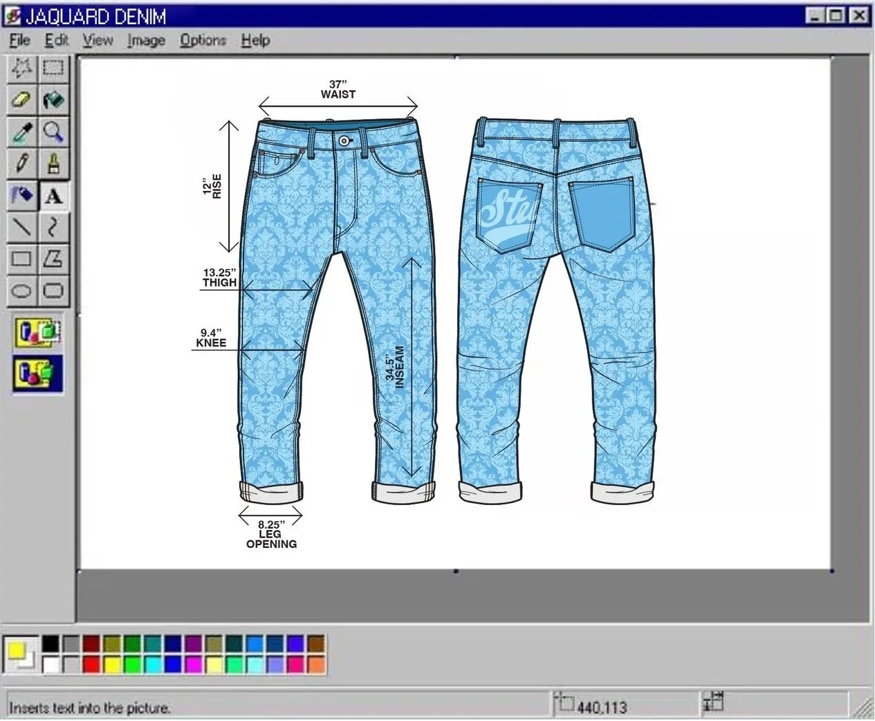 Diagram of blue patterned jeans with measurements labeled, viewed from front and back, showing waist, rise, thigh, inseam, knee, leg opening, and back pockets with stylized text.