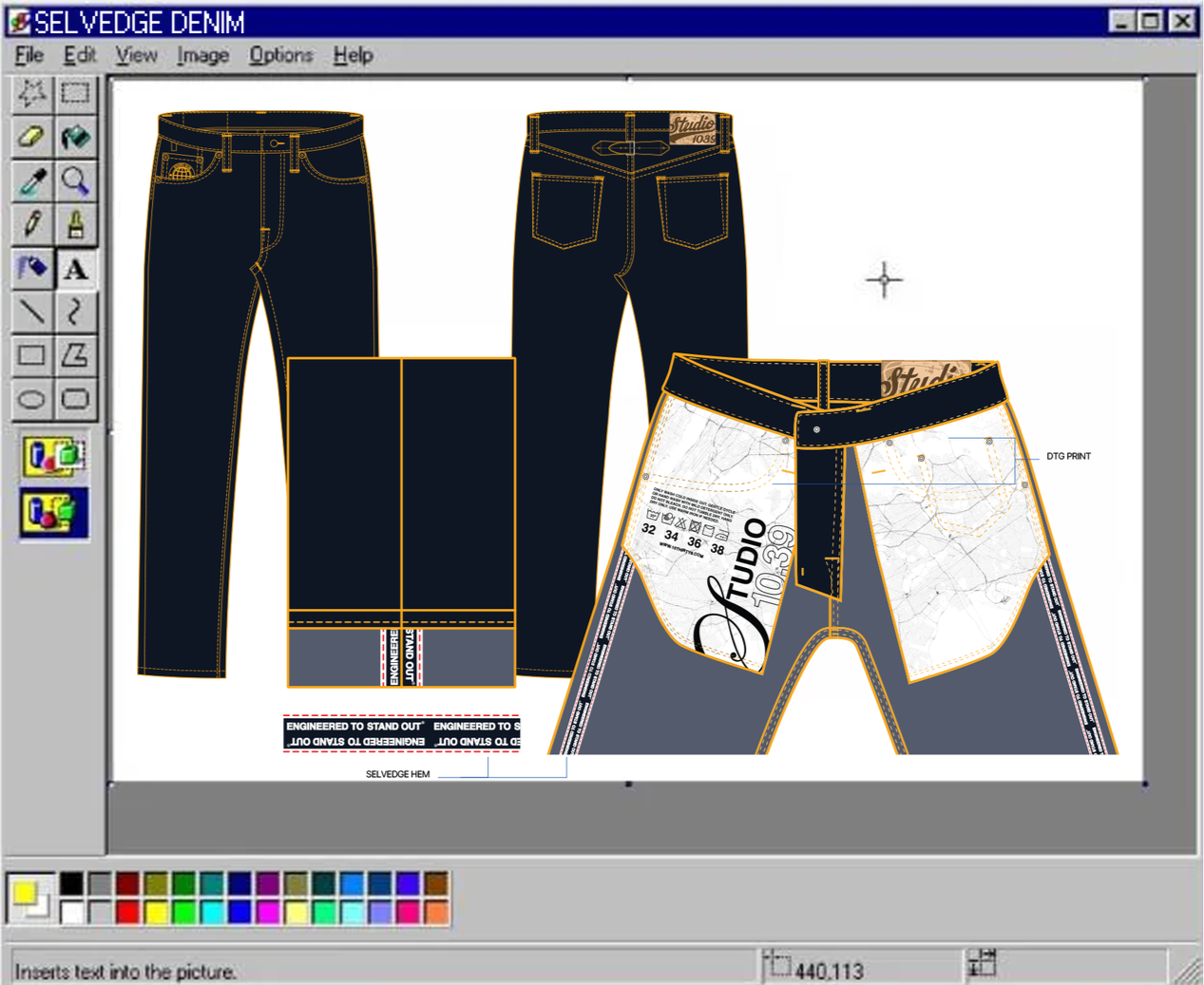 Screenshot of a computer software interface for designing denim jeans, showing front and back views with detailed stitching, labels, and fabric patterns.