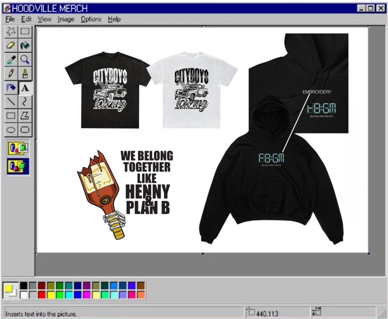 Screenshot of a computer screen displaying merchandise designs, including two T-shirts with a car and the text 'CITYBOYS TowmG WE STAY PULLING,' two sweatshirts with digital clock displays, and a graphic with a baseball bat and the text 'WE BELONG TO