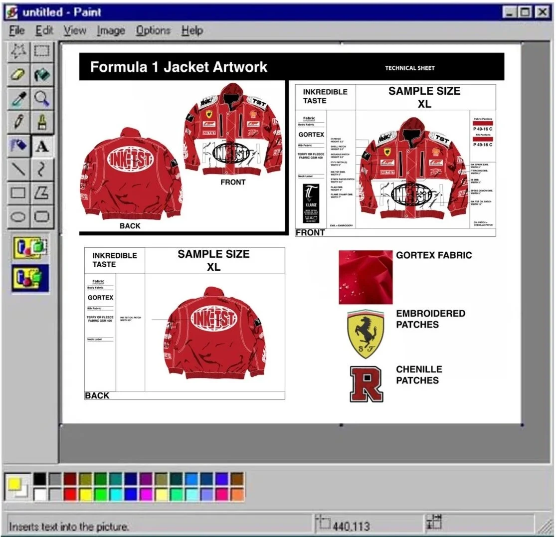 Computer screen displaying a digital design of a racing jacket. The design includes front and back views of a red jacket with sponsor logos, patches, and embroidery specifications, labeled as Formula 1 Jacket Artwork, size XL. On the right are fabric