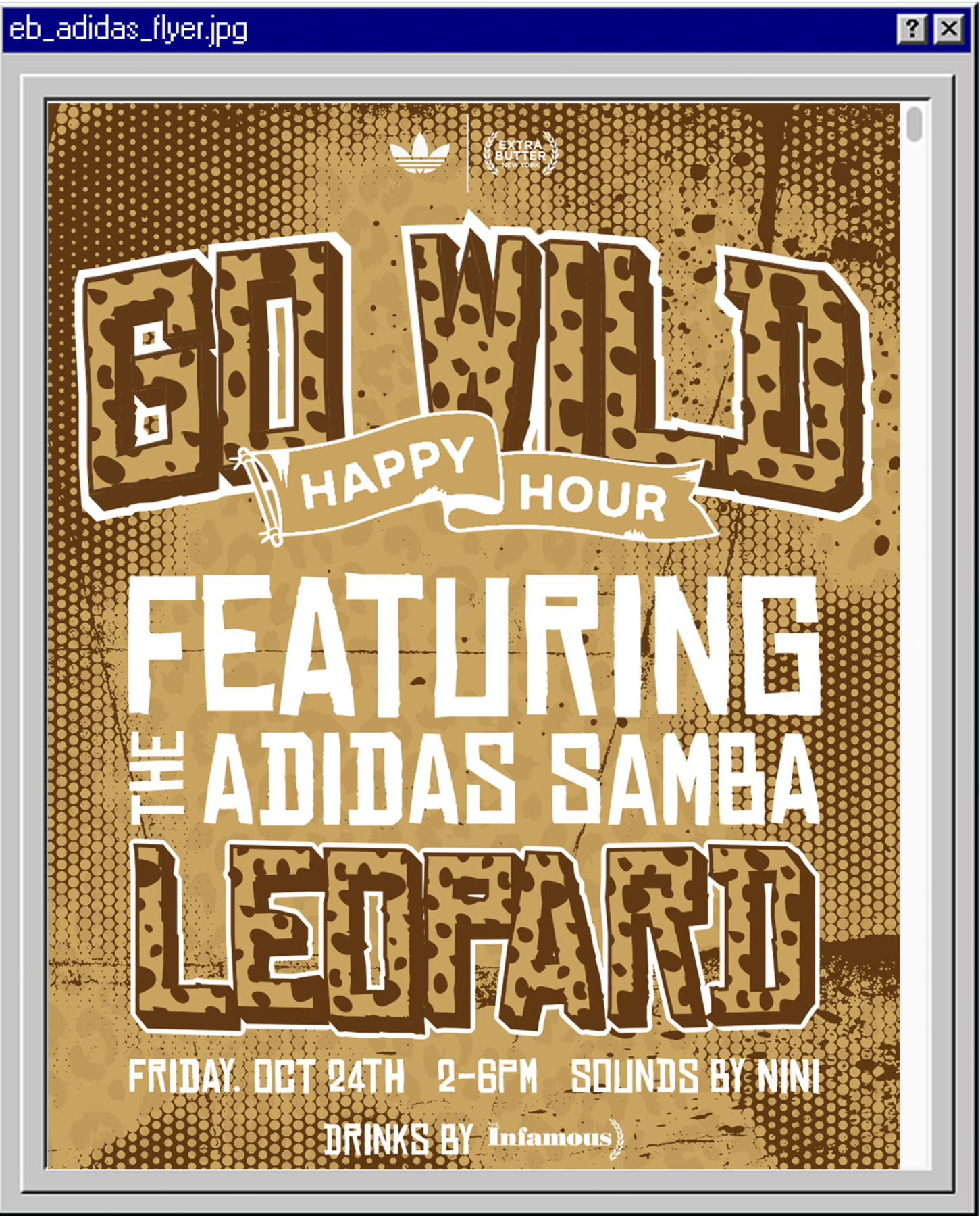Flyer for a Happy Hour event featuring the Adidas Samba, scheduled for Friday, October 24th, from 2 to 6 PM, with music by Nini and drinks by Infamous.
