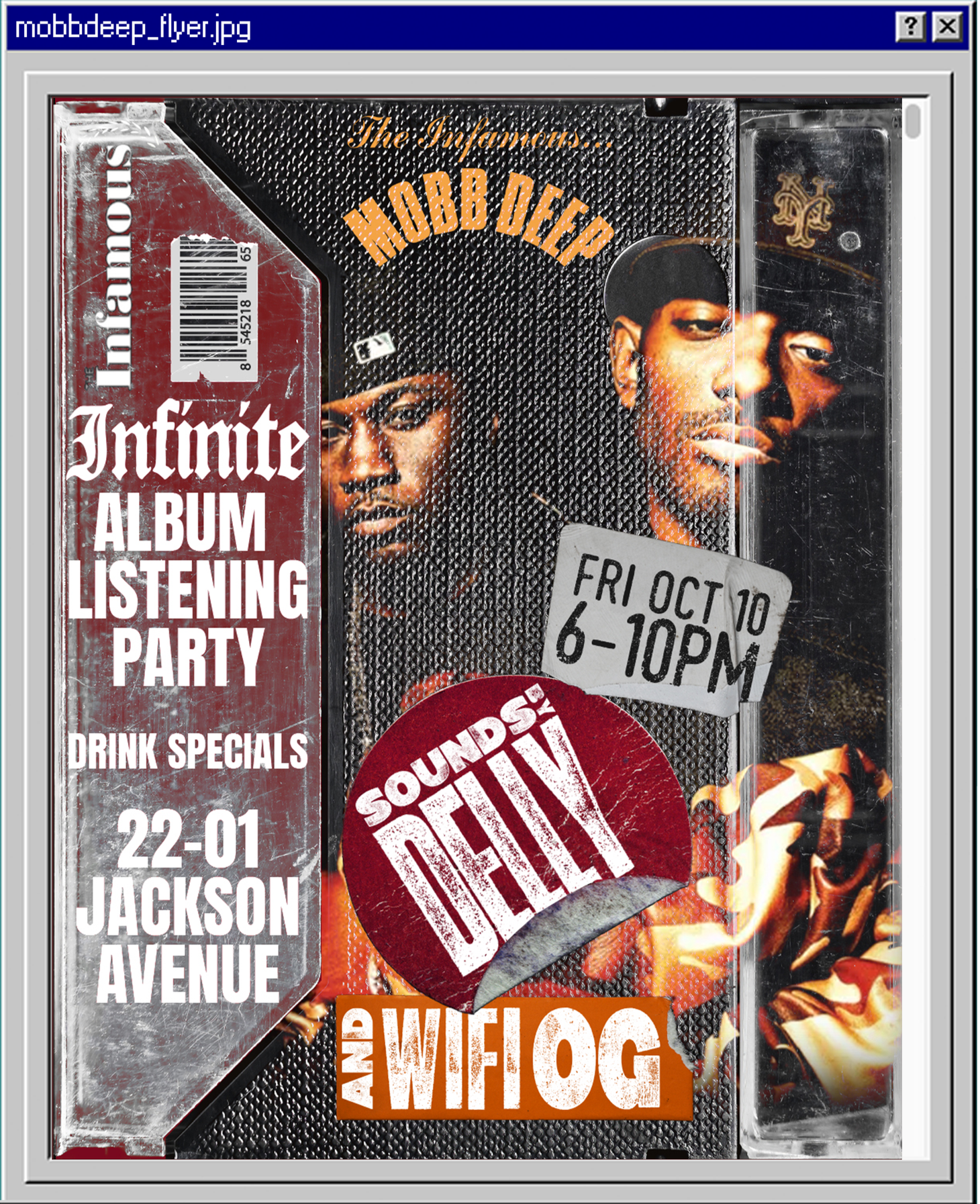 Event flyer for a music listening party featuring Mobb Deep and WIFOG, happening on Friday, October 10th, from 6 to 10 PM at 22-01 Jackson Avenue. The flyer includes images of hip-hop artists and promotes drink specials.