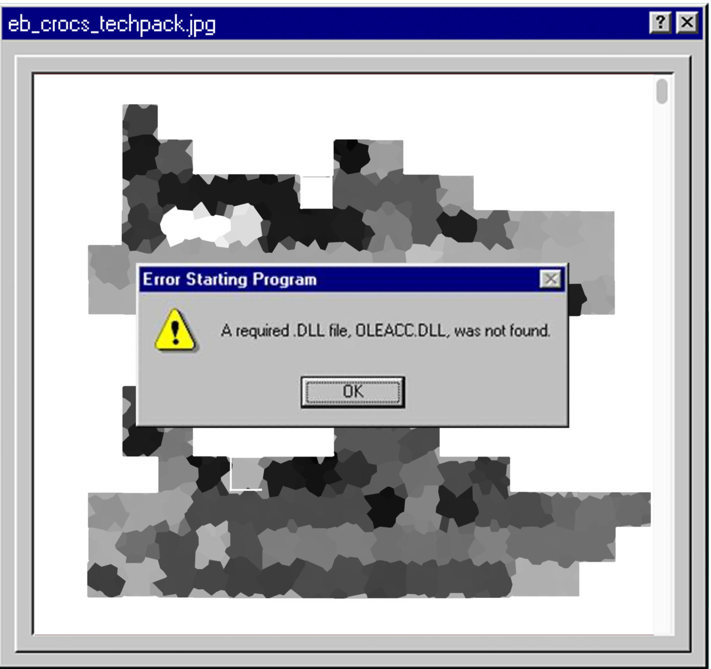 A computer error message overlay on a pixelated black-and-white image. The message states a required DLL file was not found.