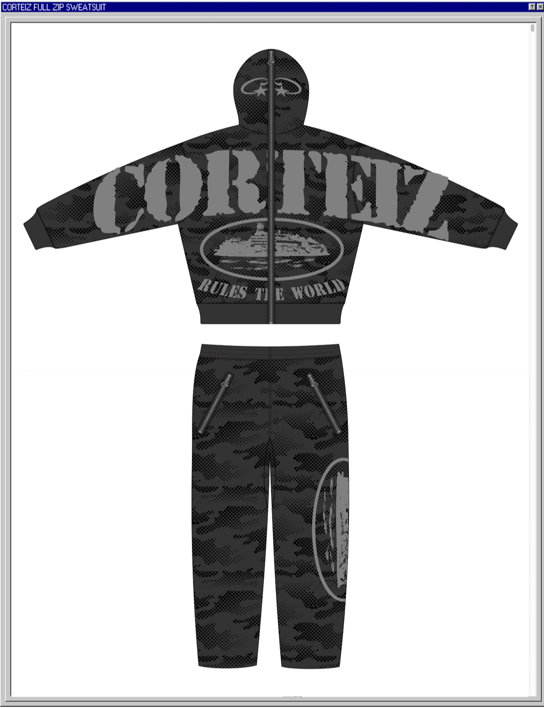 Black hoodie and sweatpants set with a military camouflage pattern. The hoodie has a large "CORVETZ" logo on the front with the phrase "RULES THE WORLD." The sweatpants have zippered pockets and a circular logo on the thigh.