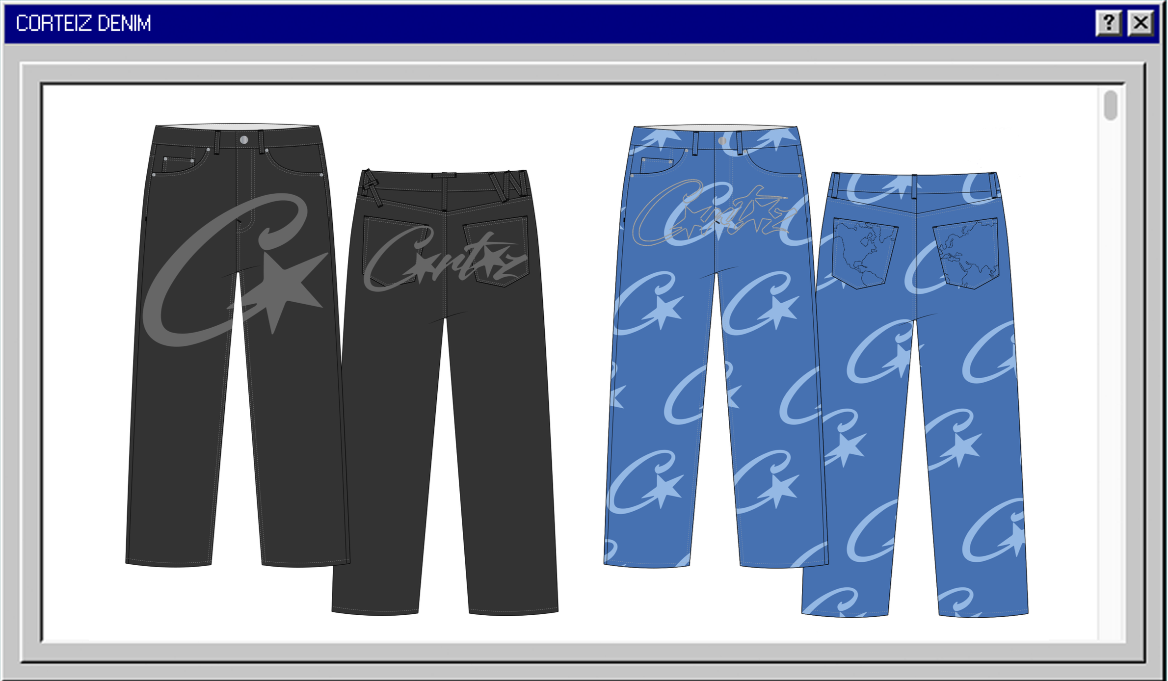 Four pairs of jeans displayed side by side; the first pair is black with a star and script logo, the second pair is black with back pockets, the third pair is blue with a Coca-Cola logo and star pattern, and the fourth pair is blue with map outlines 